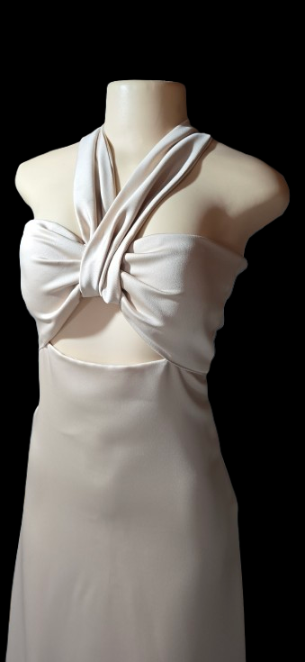 Champagne Twist Halter Satin Midi Dress