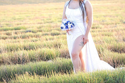 Modern Boho Lace High-Slit Wedding Dress with Train