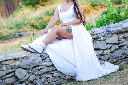 Modern Boho Lace High-Slit Wedding Dress with Train