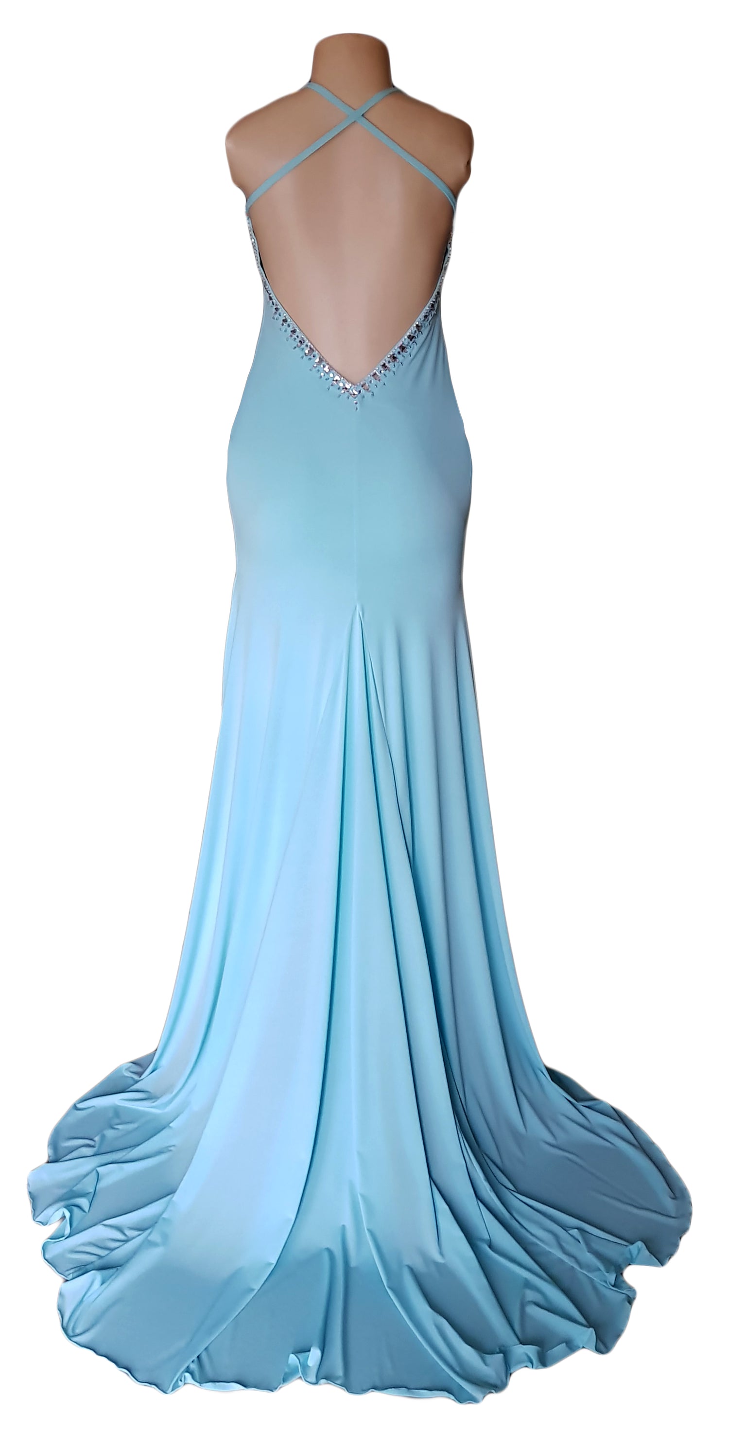 Crystal-Embellished Evening Dress – This sophisticated gown features hand-applied embellishments, a fitted silhouette, and a flowing train. Custom-made to your measurements, it’s the perfect choice for prom, galas, and high-fashion events where elegance is key.