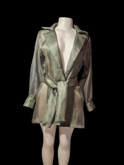 Sheer Olive Organza Belted Statement Jacket