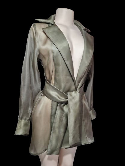 Sheer Olive Organza Belted Statement Jacket