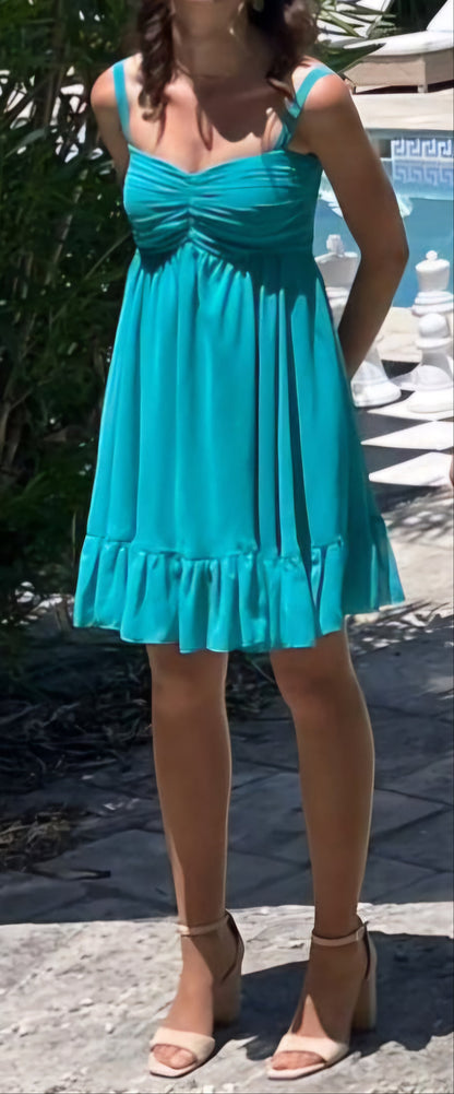 Aqua Ruched Chiffon Mini Dress