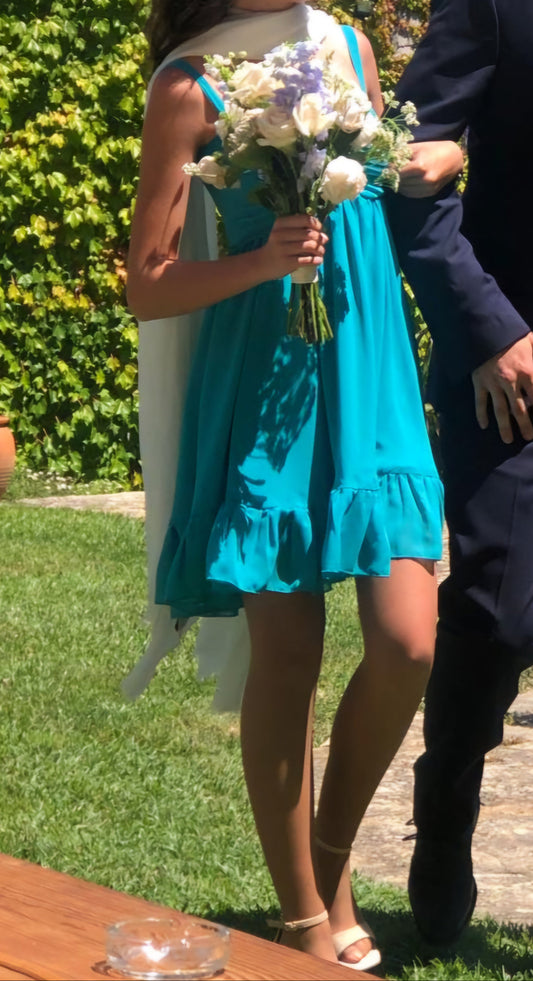 Aqua Ruched Chiffon Mini Dress
