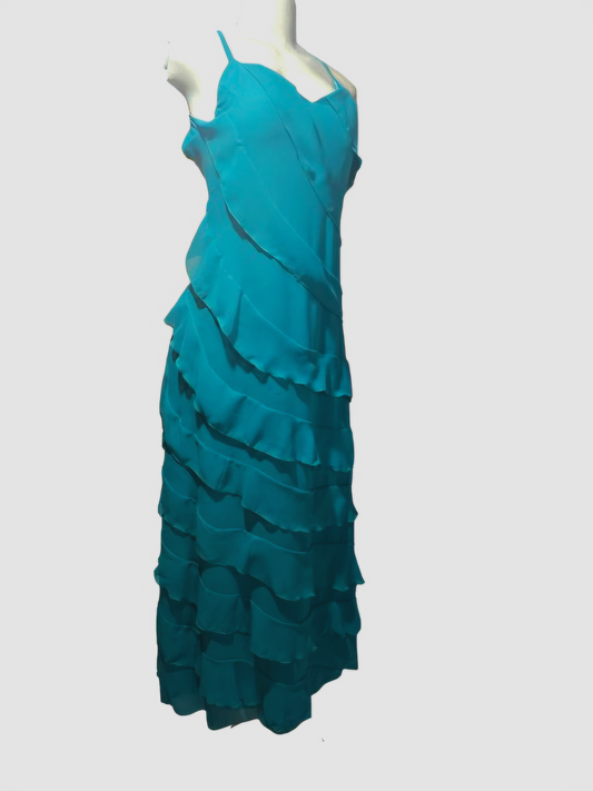Emerald Cascade Ruffle Midi Dress