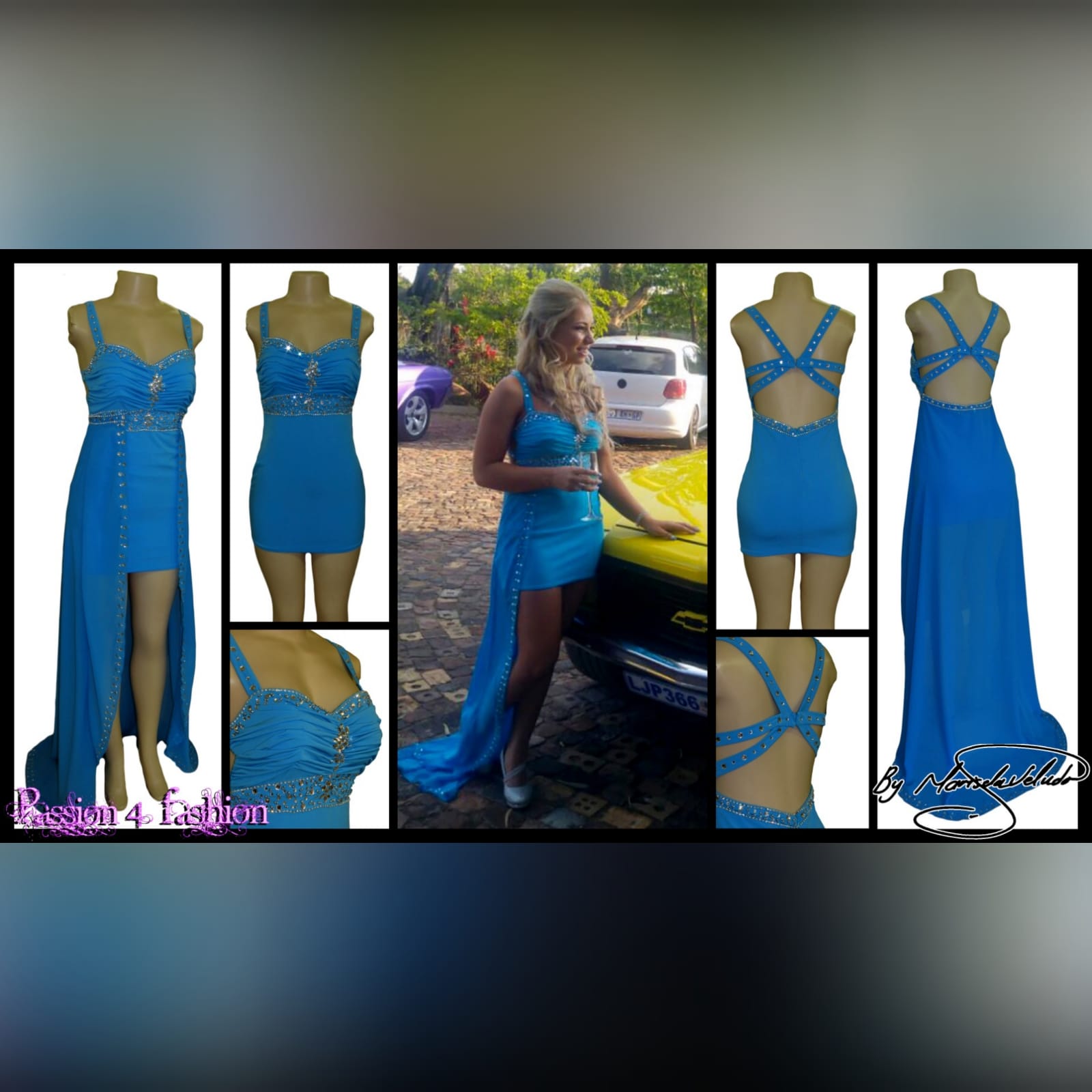 2 in 1 blue and silver prom mini dress 7 2 in 1 blue and silver prom dance mini dress with a chiffon detachable flowy piece creating a high low. Ruched bodice detailed in silver.