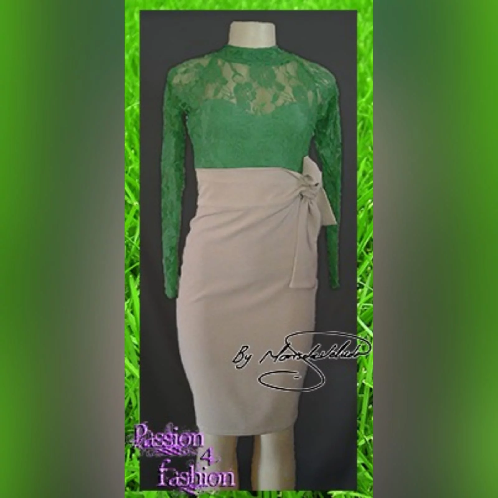 2 piece beige and green smart casual outfit 1 2 piece beige and green smart casual outfit. A pencil skirt with a tie-up waistband. With a lace top with long sleeve.