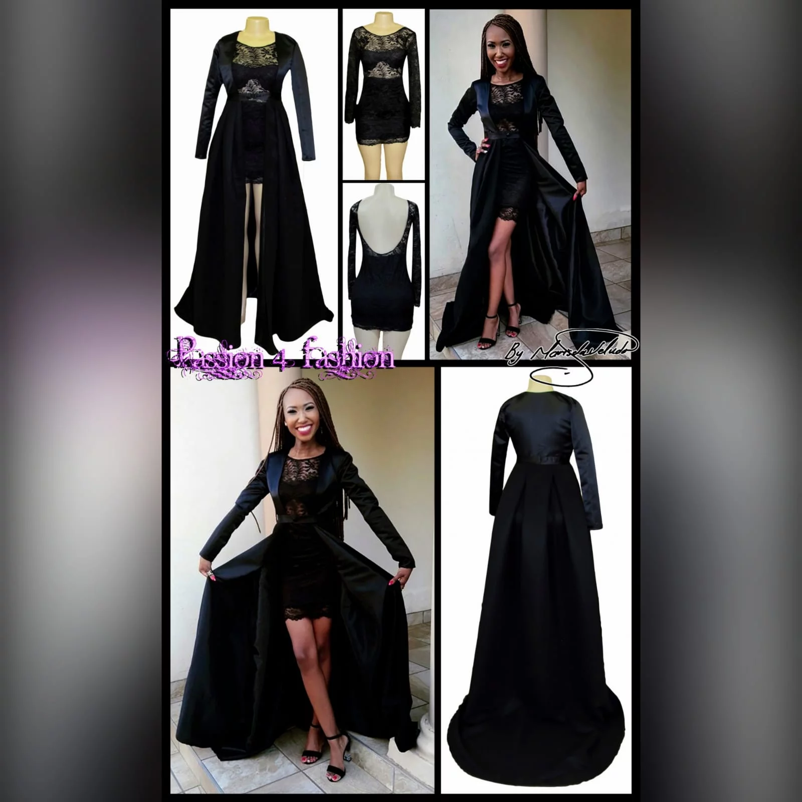2 piece black lace mini prom dress and coat 6 2 piece black lace mini prom dress and coat. Dress with rounded open back and a sheer lace bodice.
