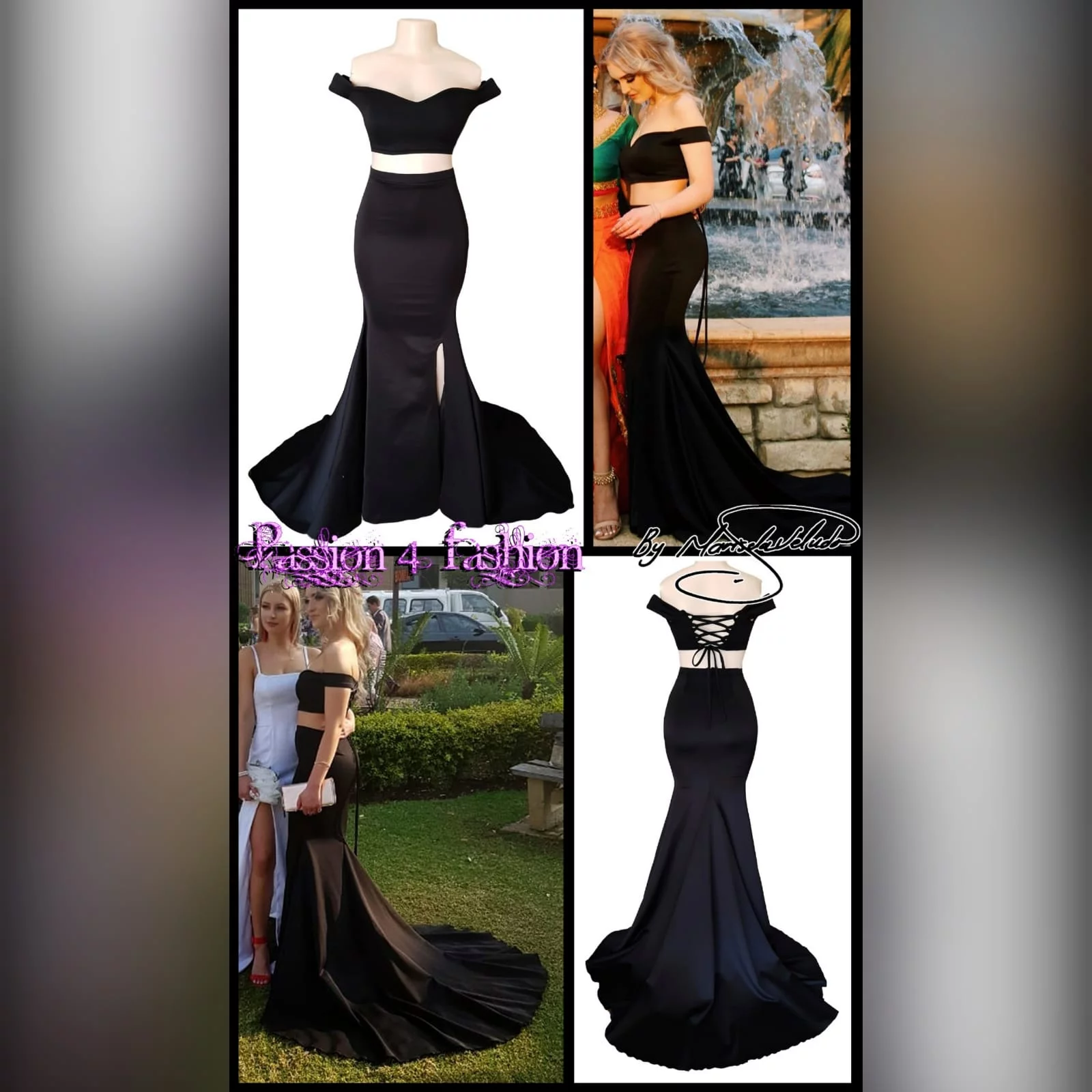 2 piece black off shoulder matric dance dress with a crop top 5 2 piece black off shoulder matric dance dress with a crop top. Lace-up back. Long skirt with knee length slit and a train.