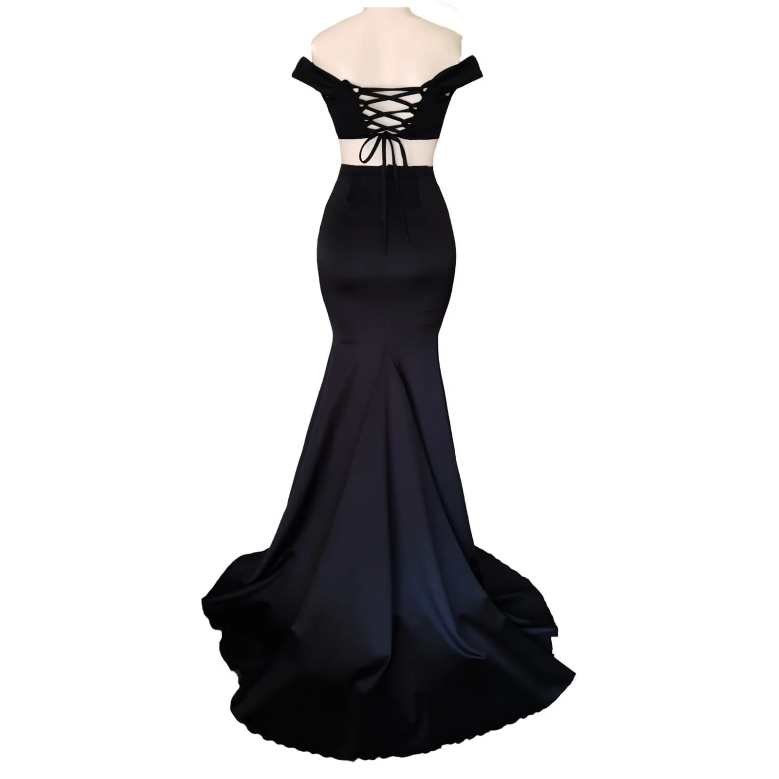 2 piece black off shoulder matric dance dress with a crop top 7 2 piece black off shoulder matric dance dress with a crop top. Lace-up back. Long skirt with knee length slit and a train.