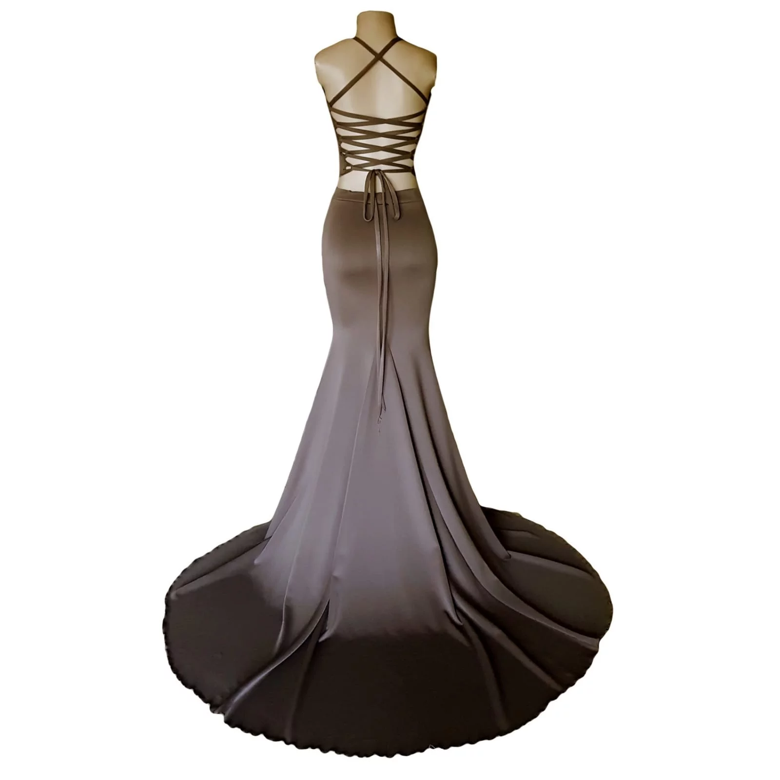 2 piece brown grey matric dance dress 4 2 piece brown grey matric dance dress. Skirt as a soft mermaid. Top with an open lace up back. Bust detailed with sequins. With a long train.