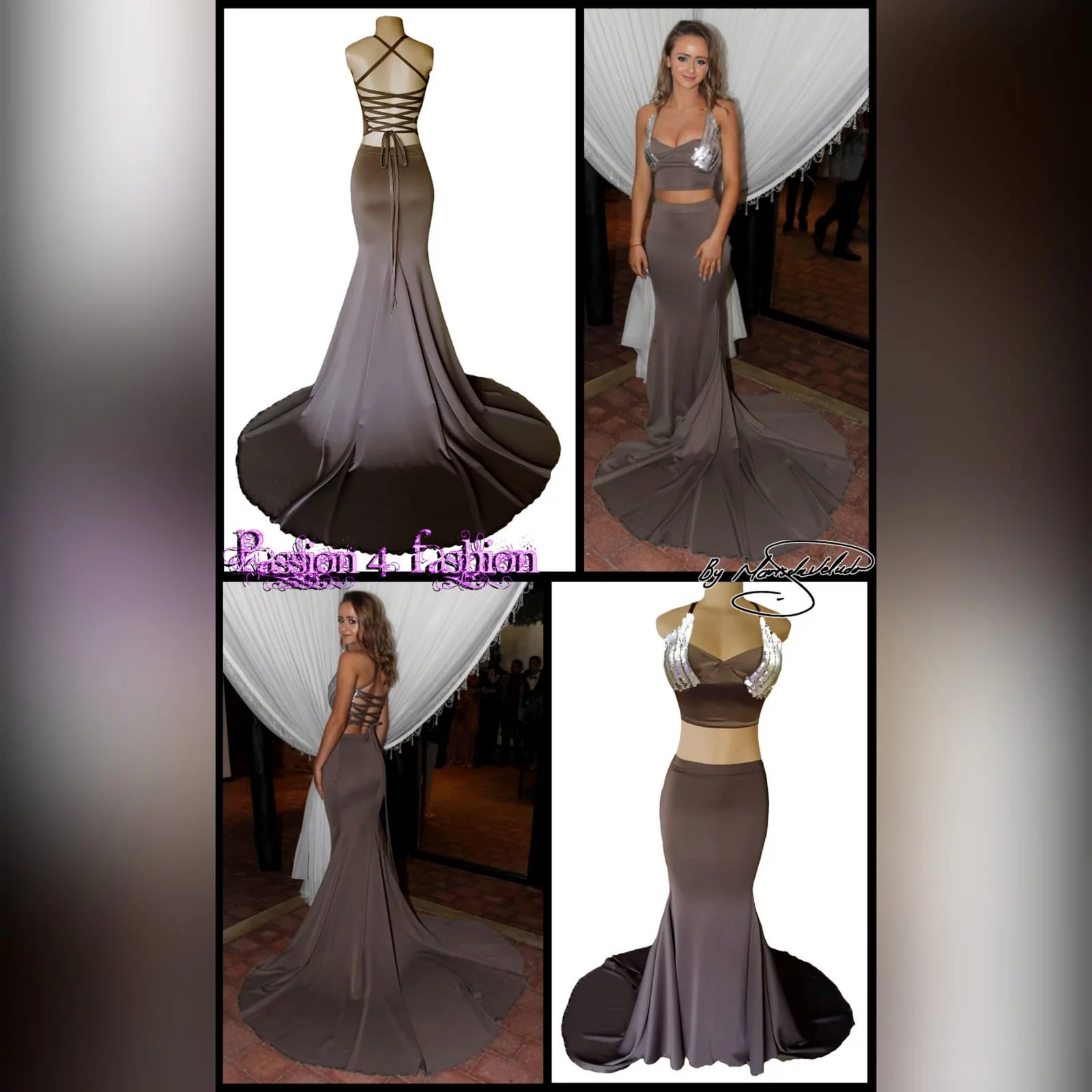 2 piece brown gray prom dress 6 2 piece brown gray prom dress. Skirt as a soft mermaid. Top with an open lace up back. Bust detailed with sequins. With a long train.