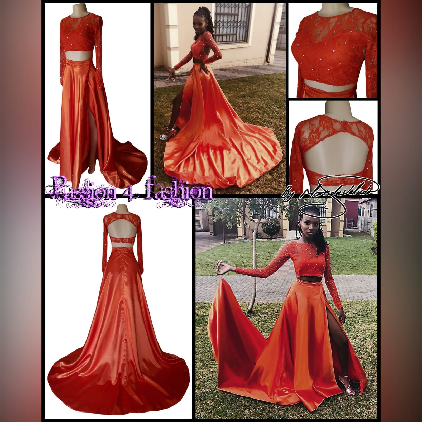 2 piece orange prom dress with a lace crop top 2 2 piece orange prom dress with a lace crop top detailed with silver beads. Flowy, shiny skirt with crossed slit and long train.