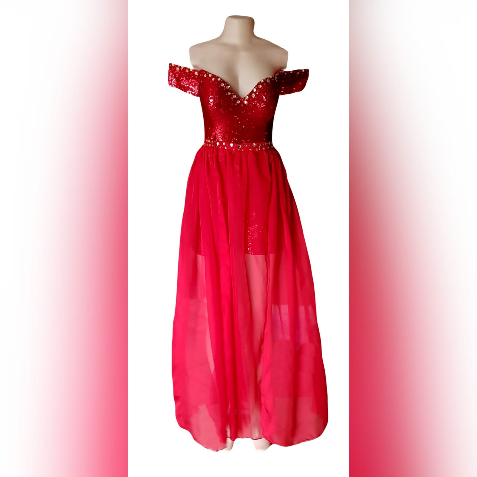 2 piece red sequins evening dress 1 2 piece red sequins evening dress. Short leg off shoulder sweetheart neckline bodysuit with a sheer long detachable skirt with 2 slits. Detailed with gold beads.
