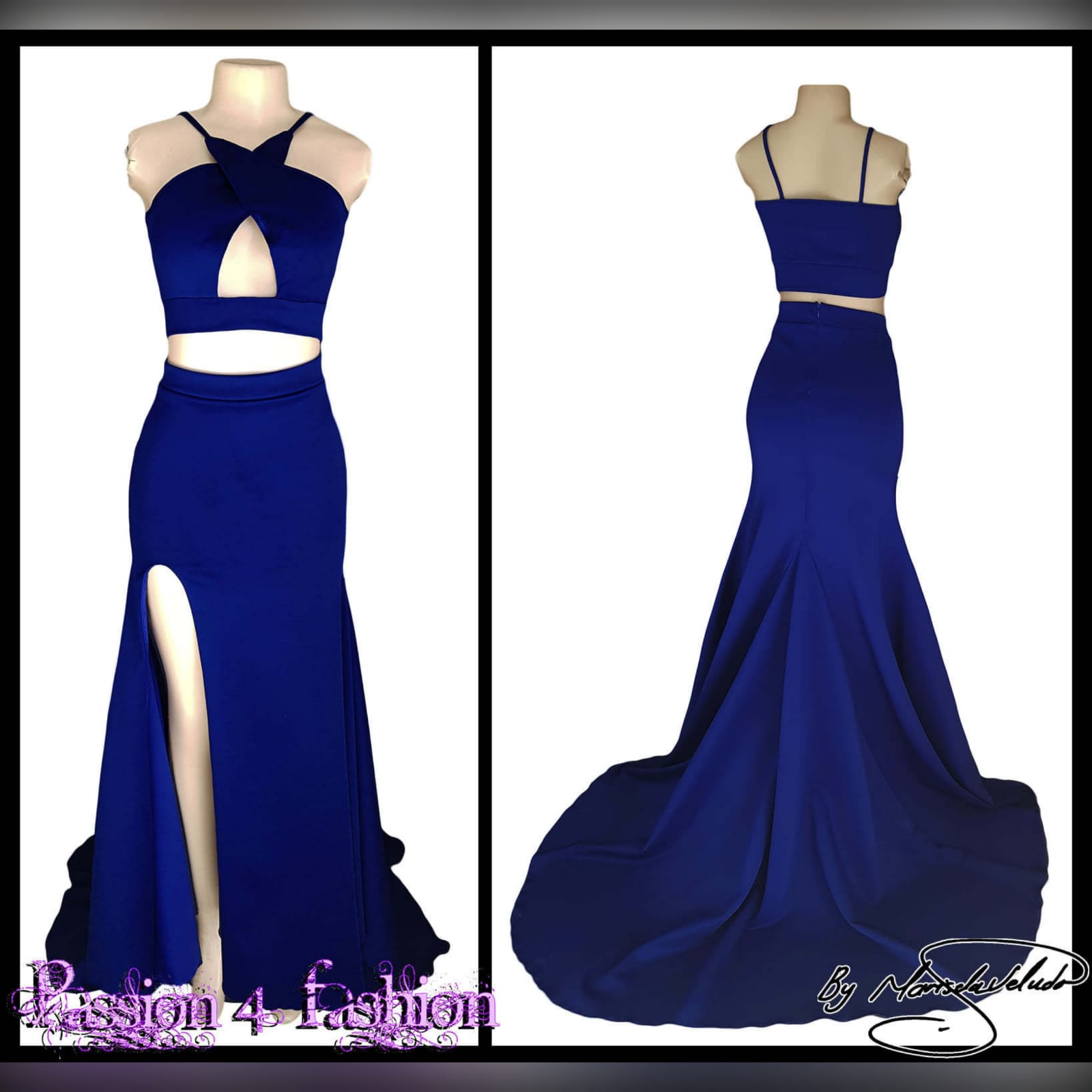 2 piece royal blue prom dress 2 2 piece royal blue prom dress. Crop top with cleavage opening. Fitted skirt with a slit and a train.