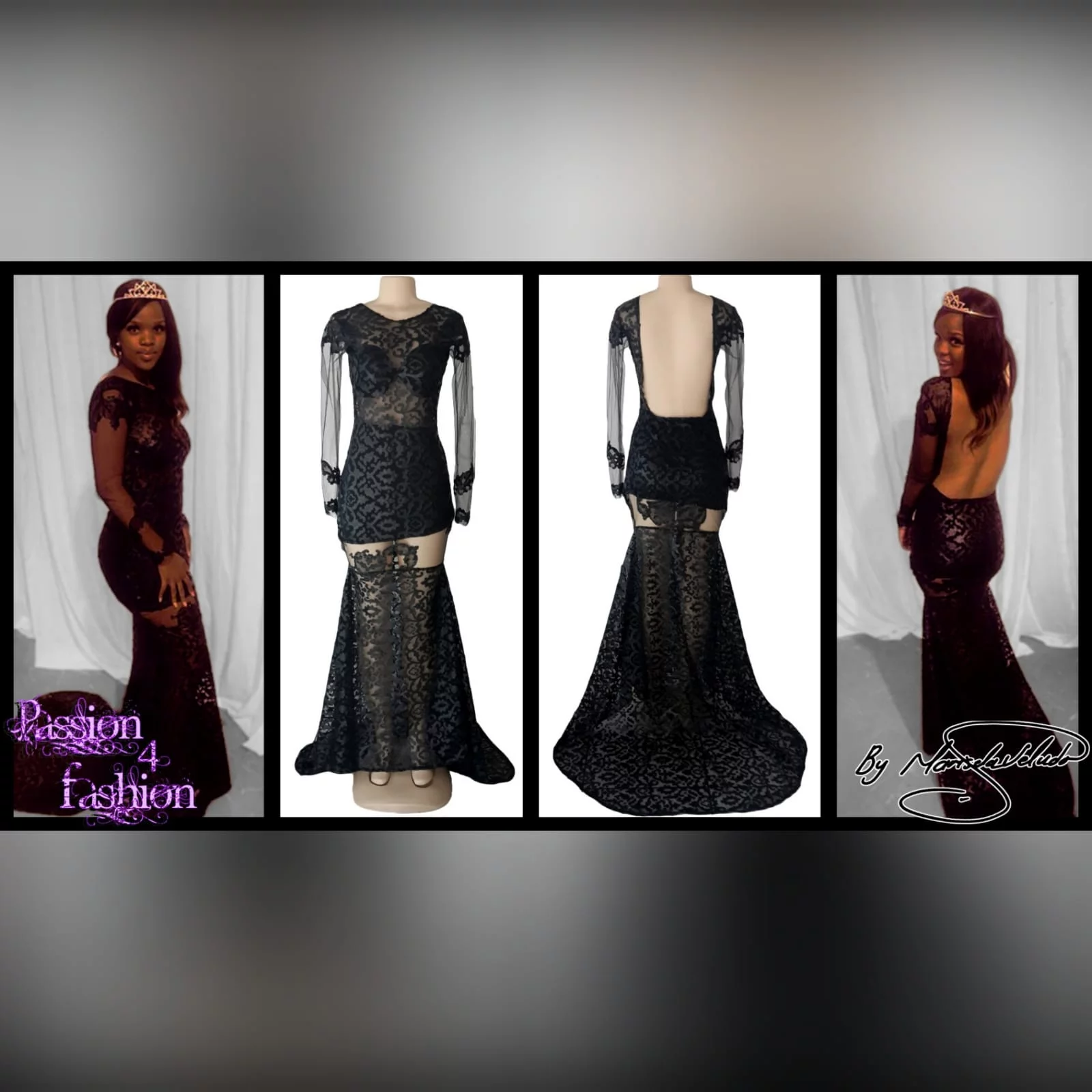 21st birthday party black dress 2 black long suede lace evening dress for 21st birthday party, with sheer black long sleeves and sheer thigh area, with a train and an open back