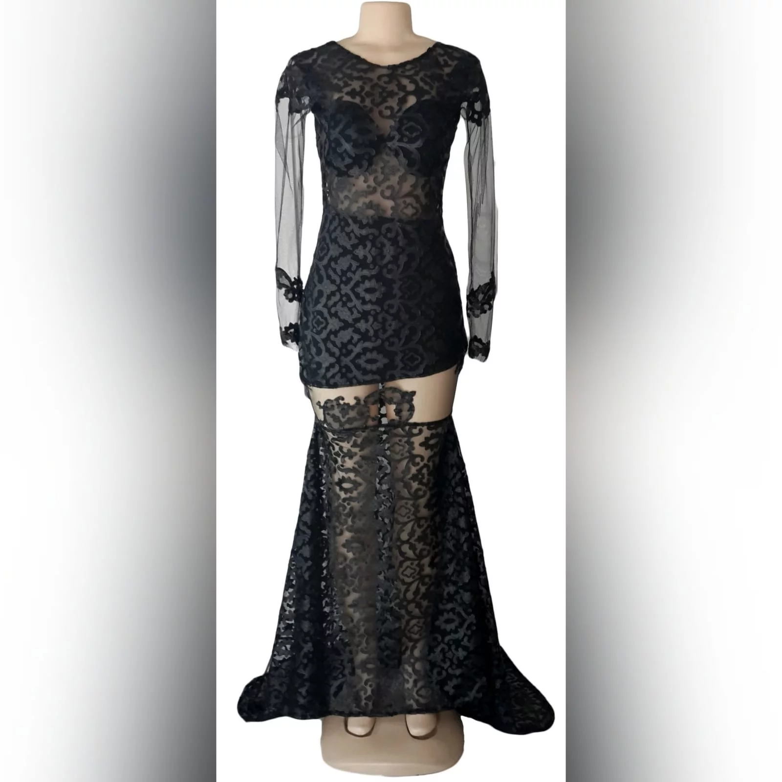 21st birthday party black dress 3 black long suede lace evening dress for 21st birthday party, with sheer black long sleeves and sheer thigh area, with a train and an open back