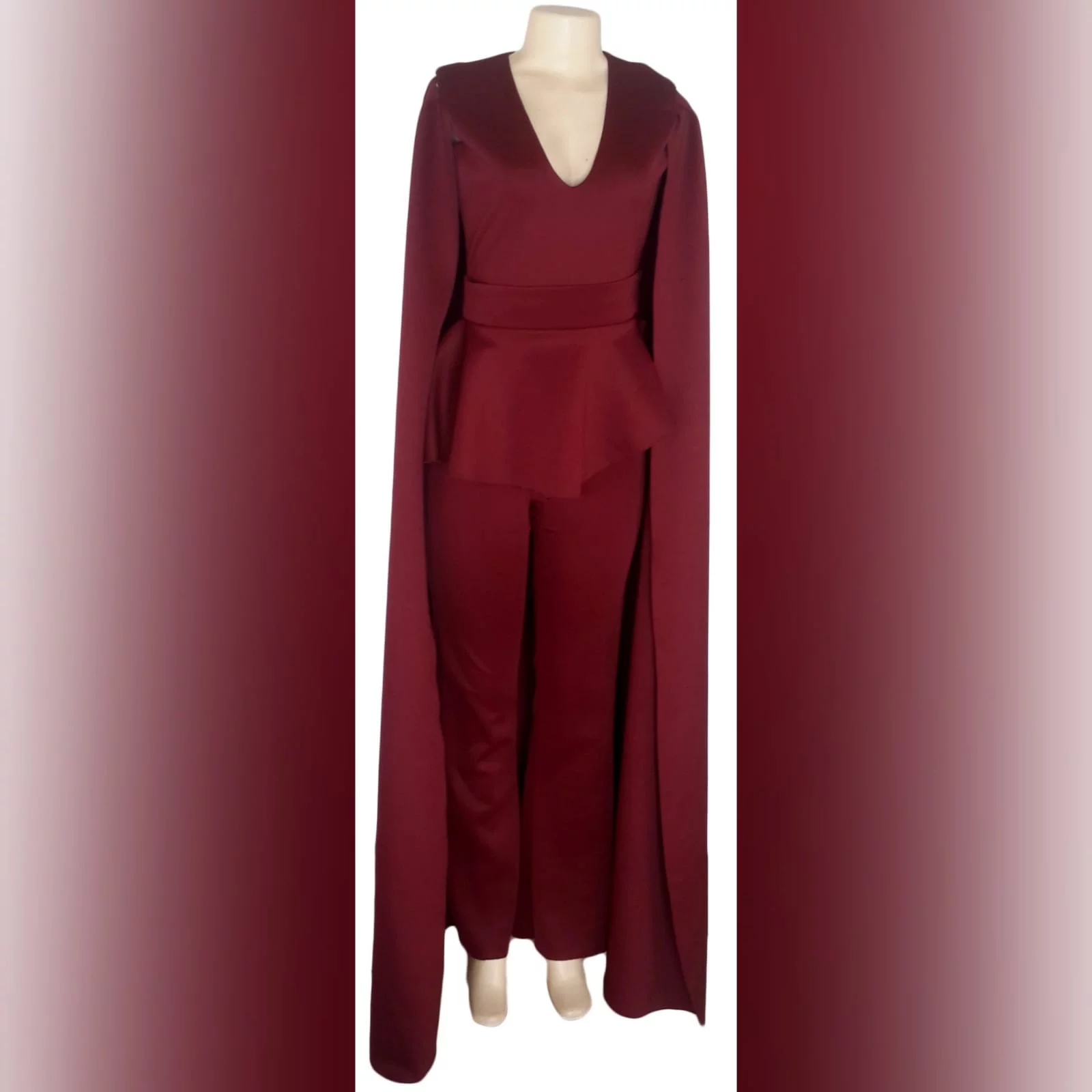 3 piece burgundy evening outfit 2 3 piece burgundy evening outfit. Bodysuit with a v neckline, with a removable peplum belt. With a removable shoulder cape