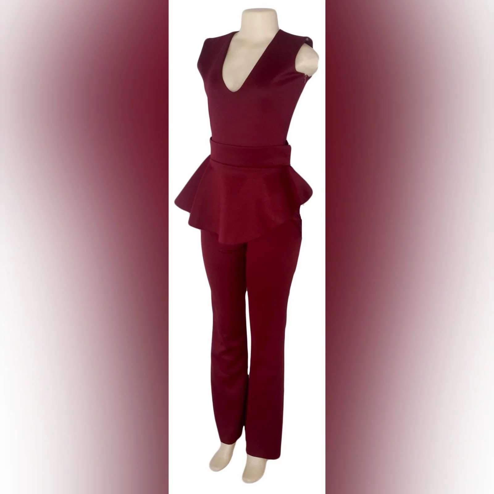 3 piece burgundy evening outfit 1 3 piece burgundy evening outfit. Bodysuit with a v neckline, with a removable peplum belt. With a removable shoulder cape