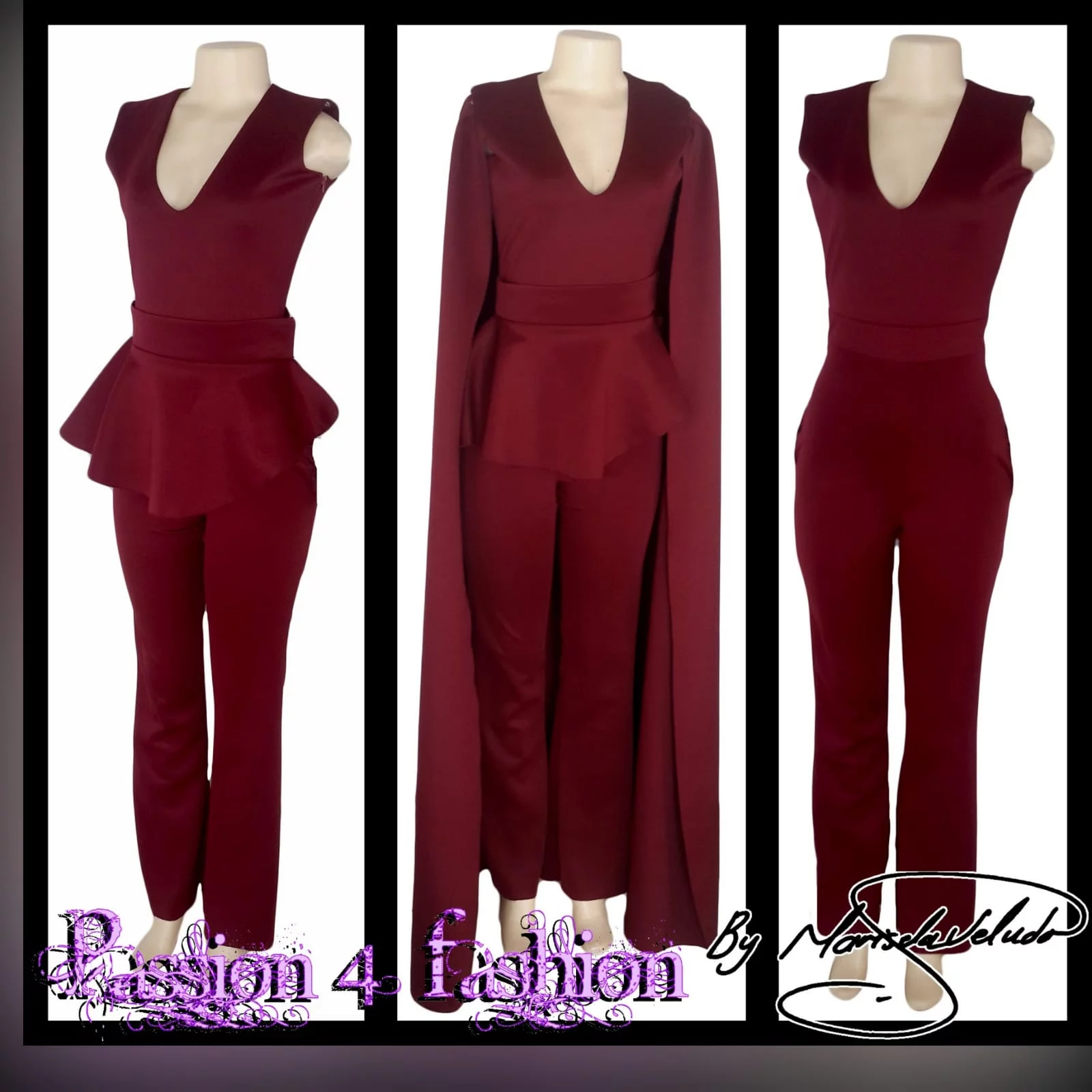 3 piece burgundy evening outfit 5 3 piece burgundy evening outfit. Bodysuit with a v neckline, with a removable peplum belt. With a removable shoulder cape