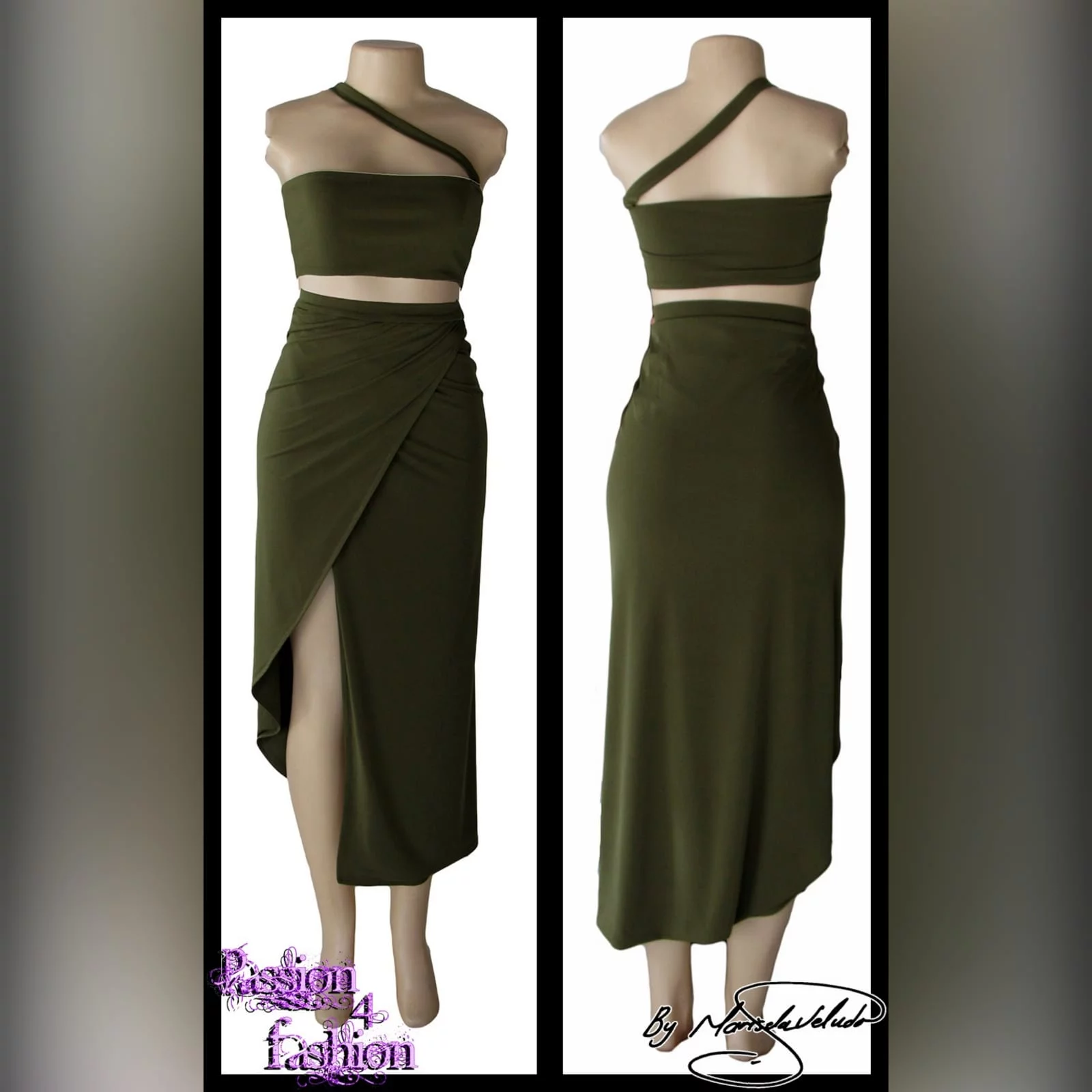 Army green 2 piece smart casual outfit 2 army green 2 piece smart casual outfit with a crop top and a crossed slit fitted skirt