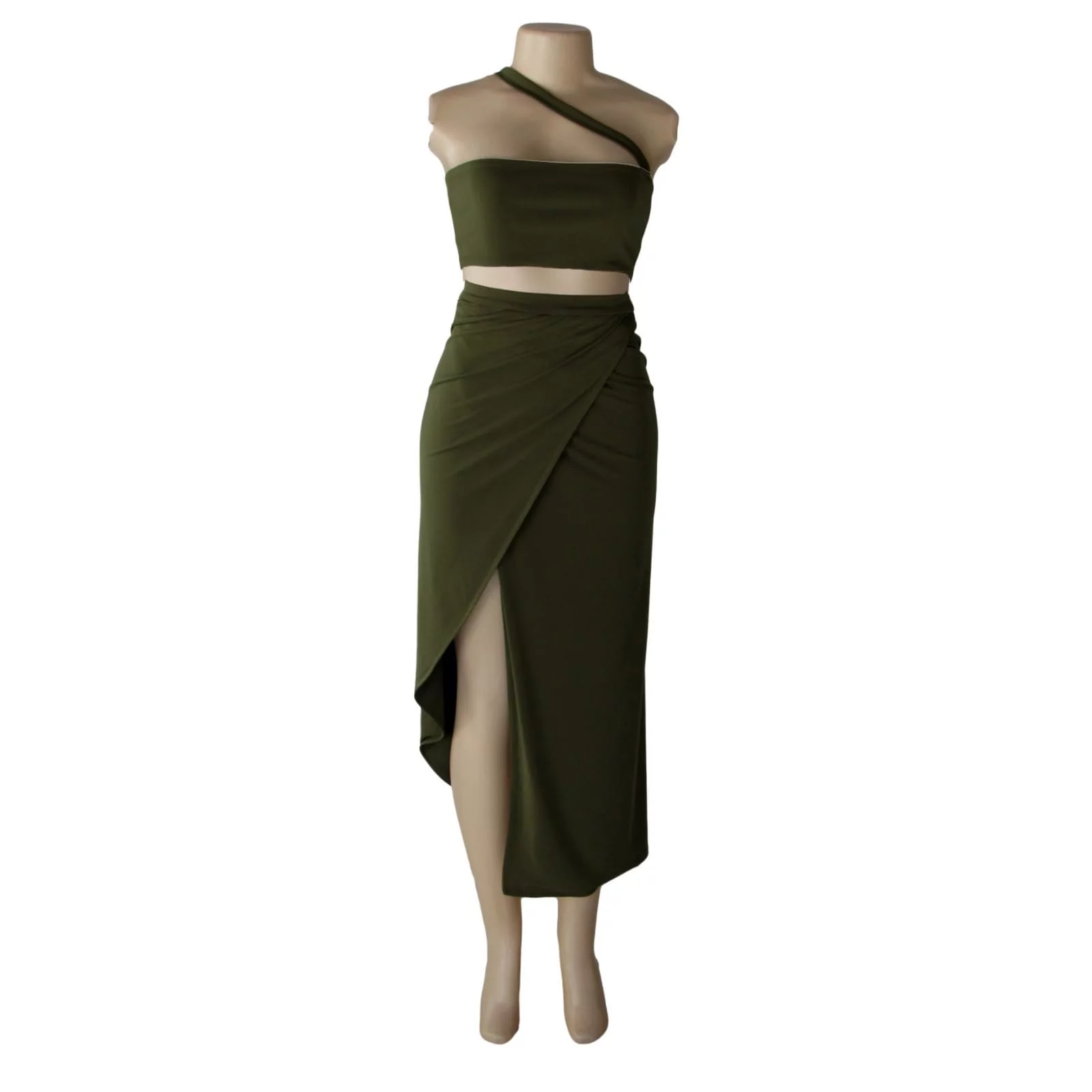Army green 2 piece smart casual outfit 1 army green 2 piece smart casual outfit with a crop top and a crossed slit fitted skirt