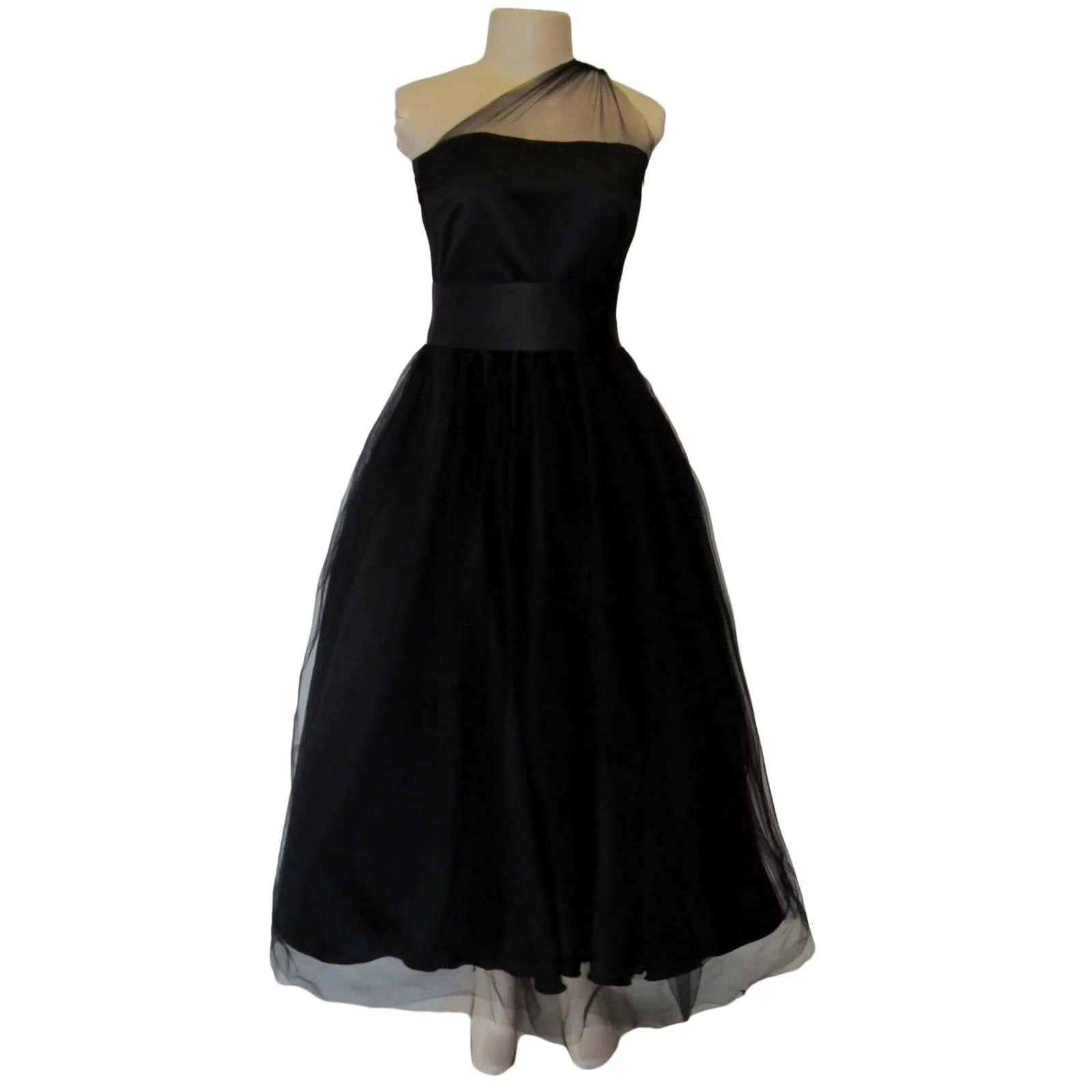 Back ankle length evening party dress 4 back ankle-length evening party dress, overlay with tulle, with a high waisted satin belt. Bodice with tulle creating a one-shoulder design
