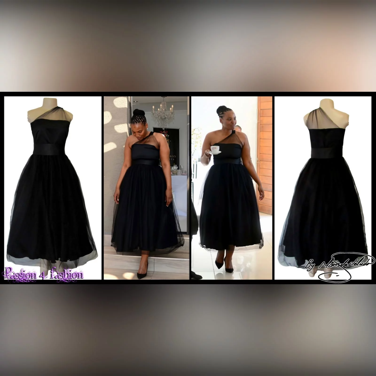 Back ankle length evening party dress 5 back ankle-length evening party dress, overlay with tulle, with a high waisted satin belt. Bodice with tulle creating a one-shoulder design