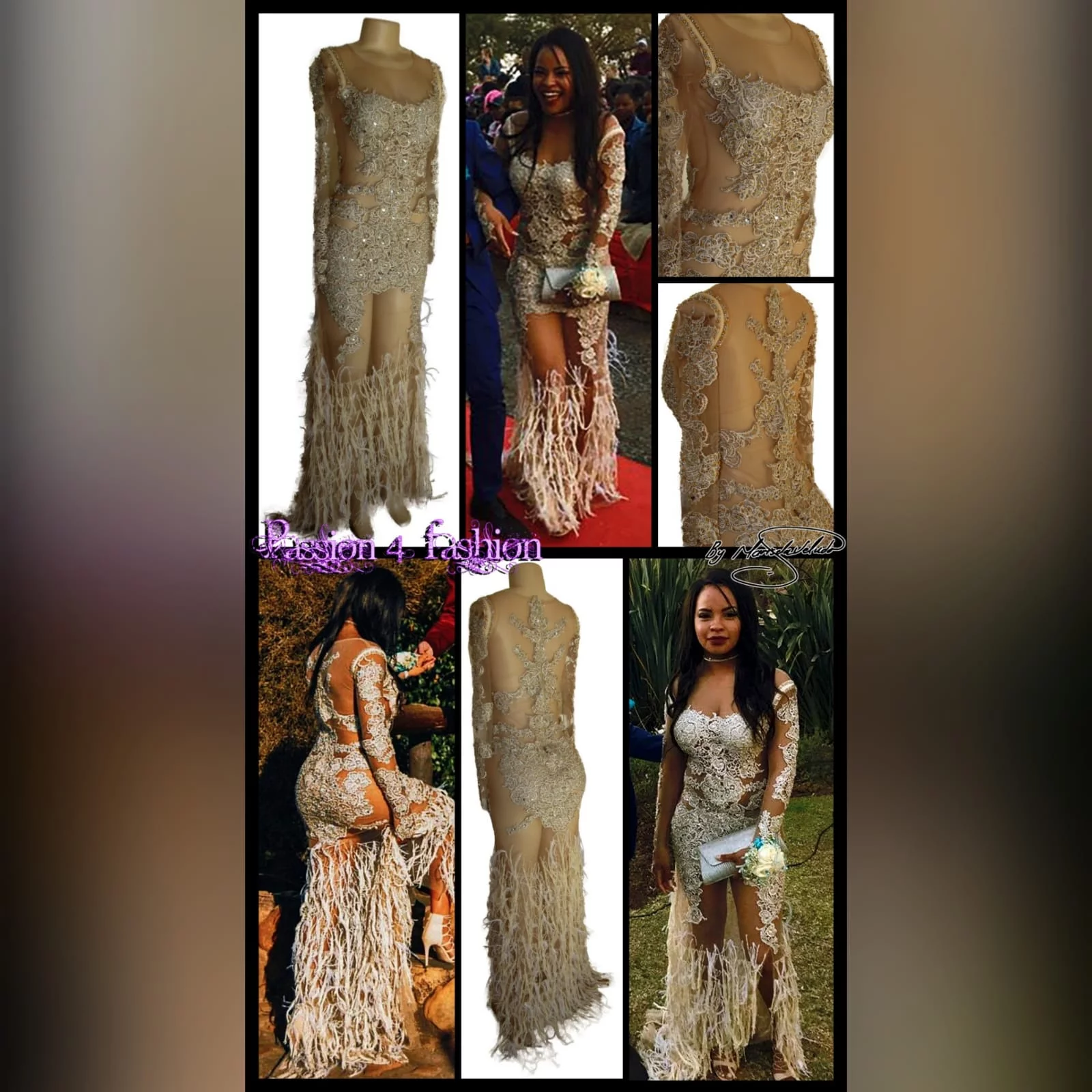 Beige illusion lace prom dress with tassels and feathers 2 beige illusion lace prom dress. With tassels and feathers. Detailing on the legs and train with a knee length slit. With removable illusion long sleeves. Dress detailed with beads.
