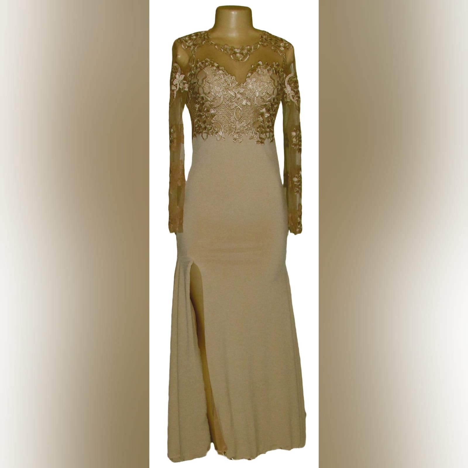 Beige Long Lace Bodice Prom Dress - Marisela Veludo - Fashion Designer