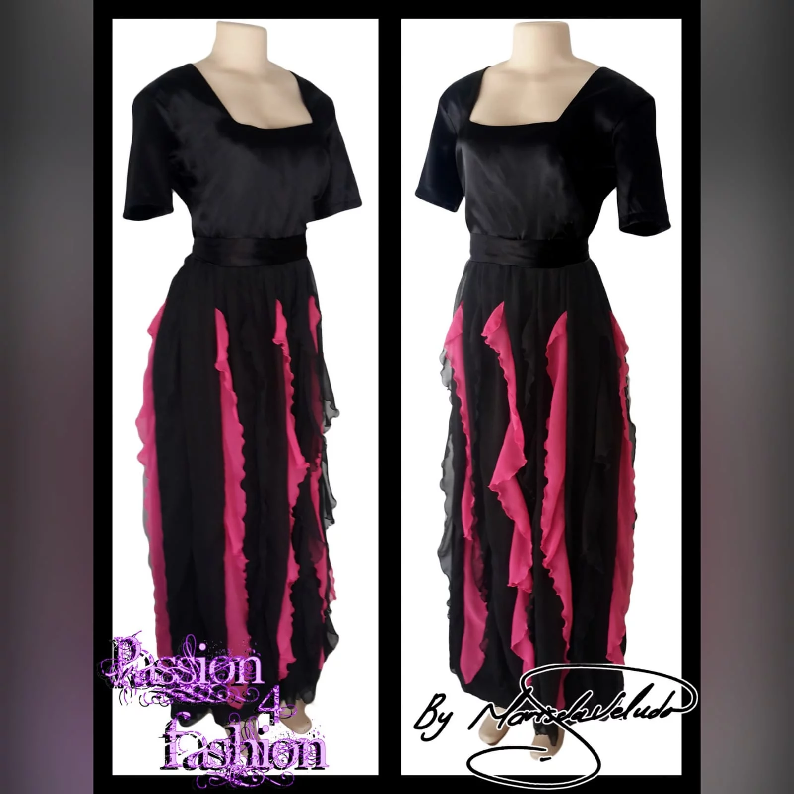 Black and pink evening dress 3 black & pink evening dress with square neckline short sleeves & vertical pink and black frills