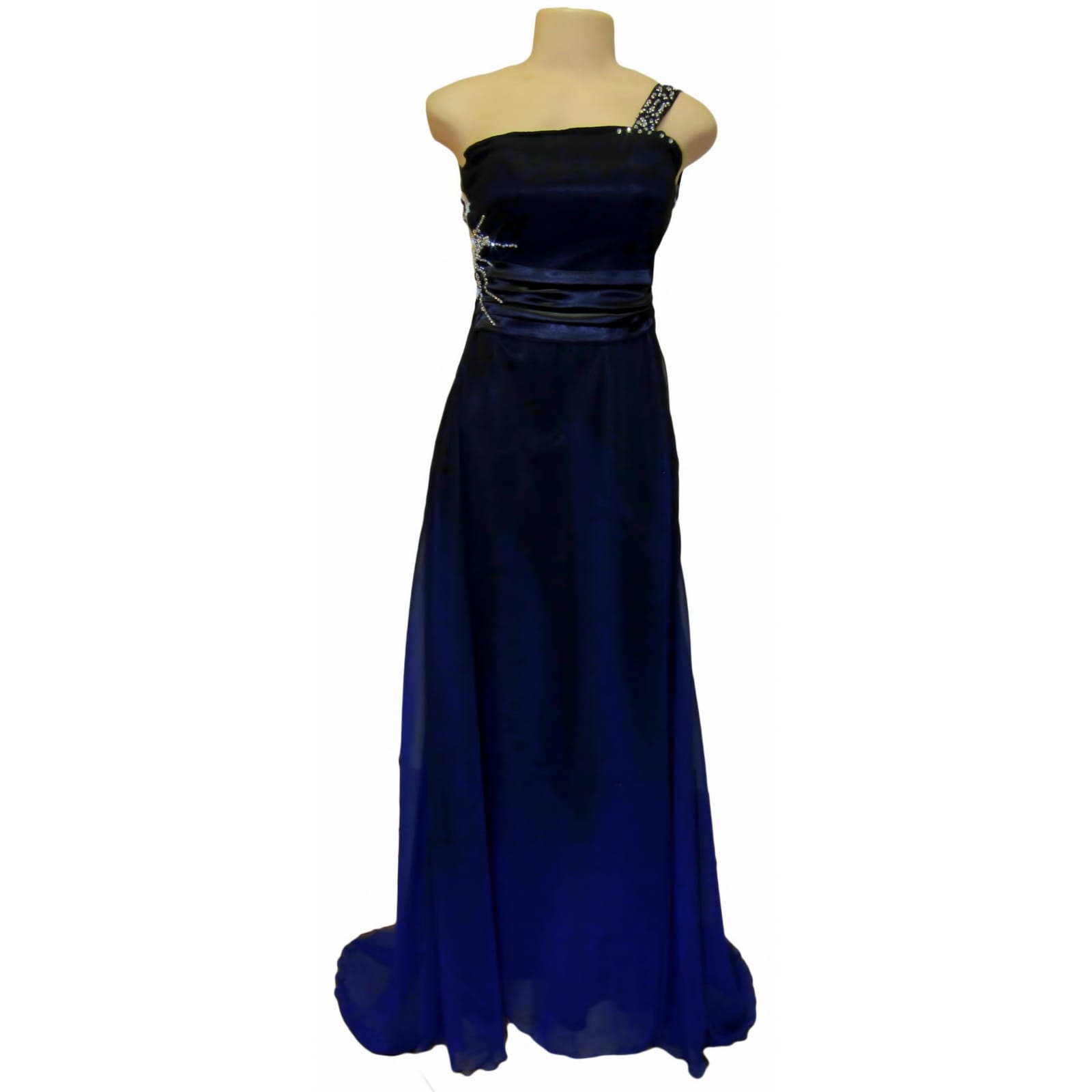 Black and royal blue flowy prom dress with a wide waist band 3 black and royal blue flowy prom dress with a wide waist band, an open back with strap design. With a train and silver detailing.