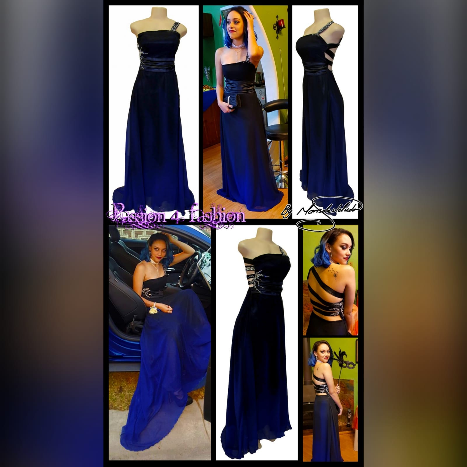 Black and royal blue flowy prom dress with a wide waist band 9 black and royal blue flowy prom dress with a wide waist band, an open back with strap design. With a train and silver detailing.