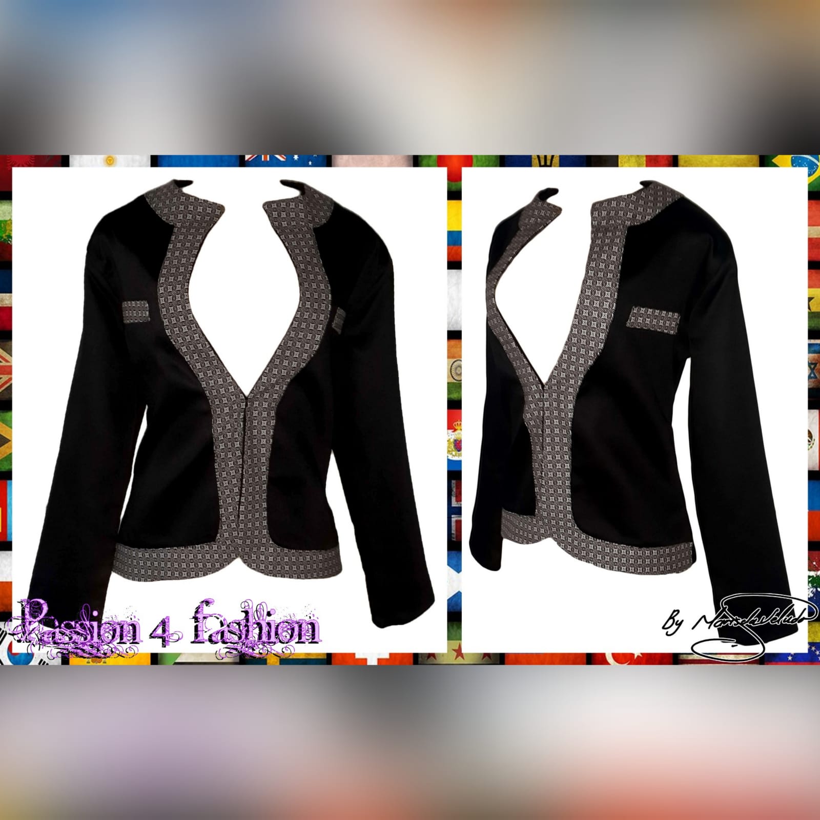 Black modern traditional ladies jacket 3 black modern traditional ladies jacket trimmed with shweshwe (brown)