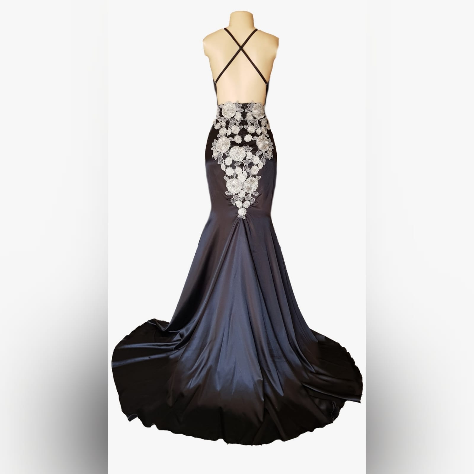 Black satin long fitted prom dress 5 a black satin long fitted prom dress with silver lace detail, will add an elegance to your special event.