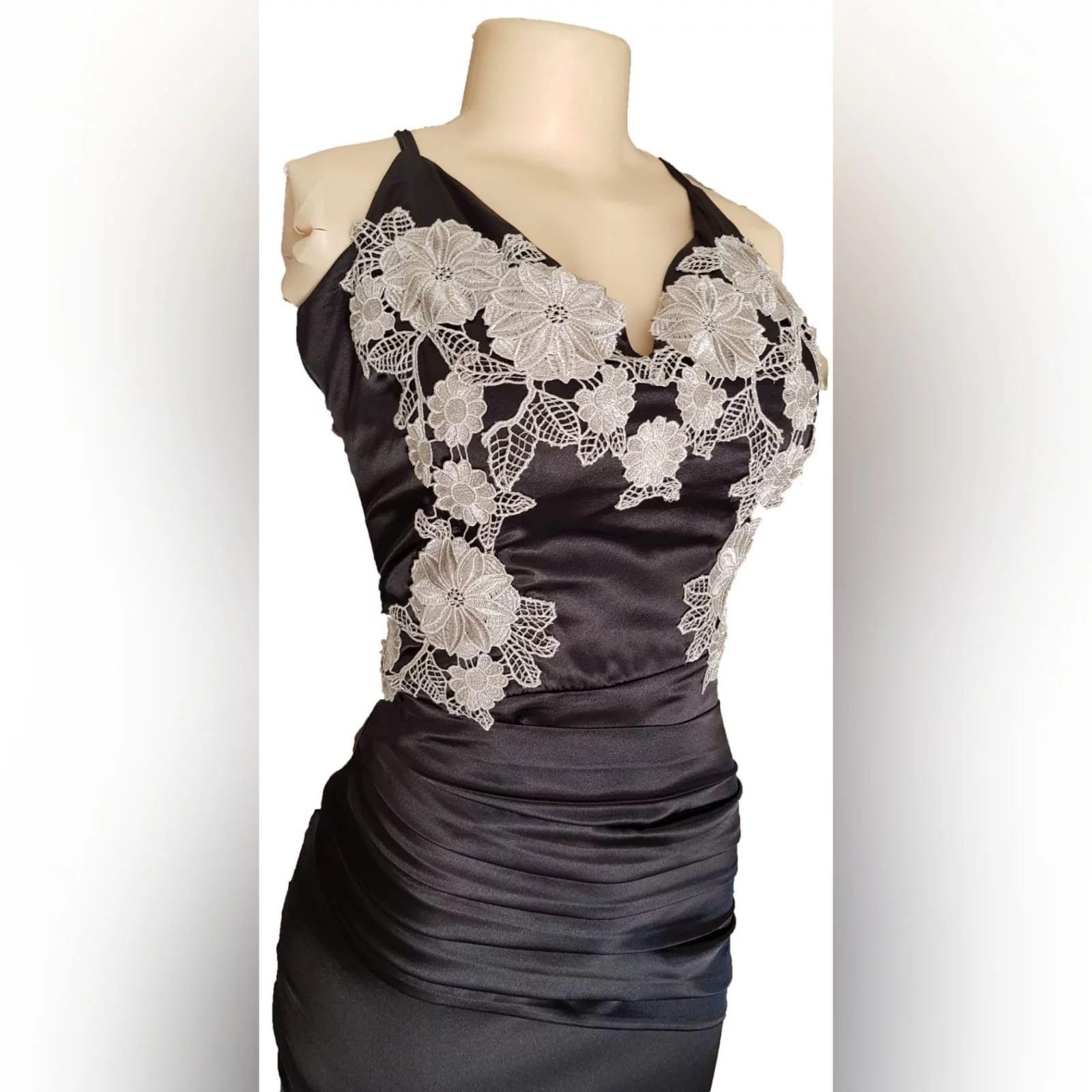 Black satin long fitted prom dress 6 a black satin long fitted prom dress with silver lace detail, will add an elegance to your special event.