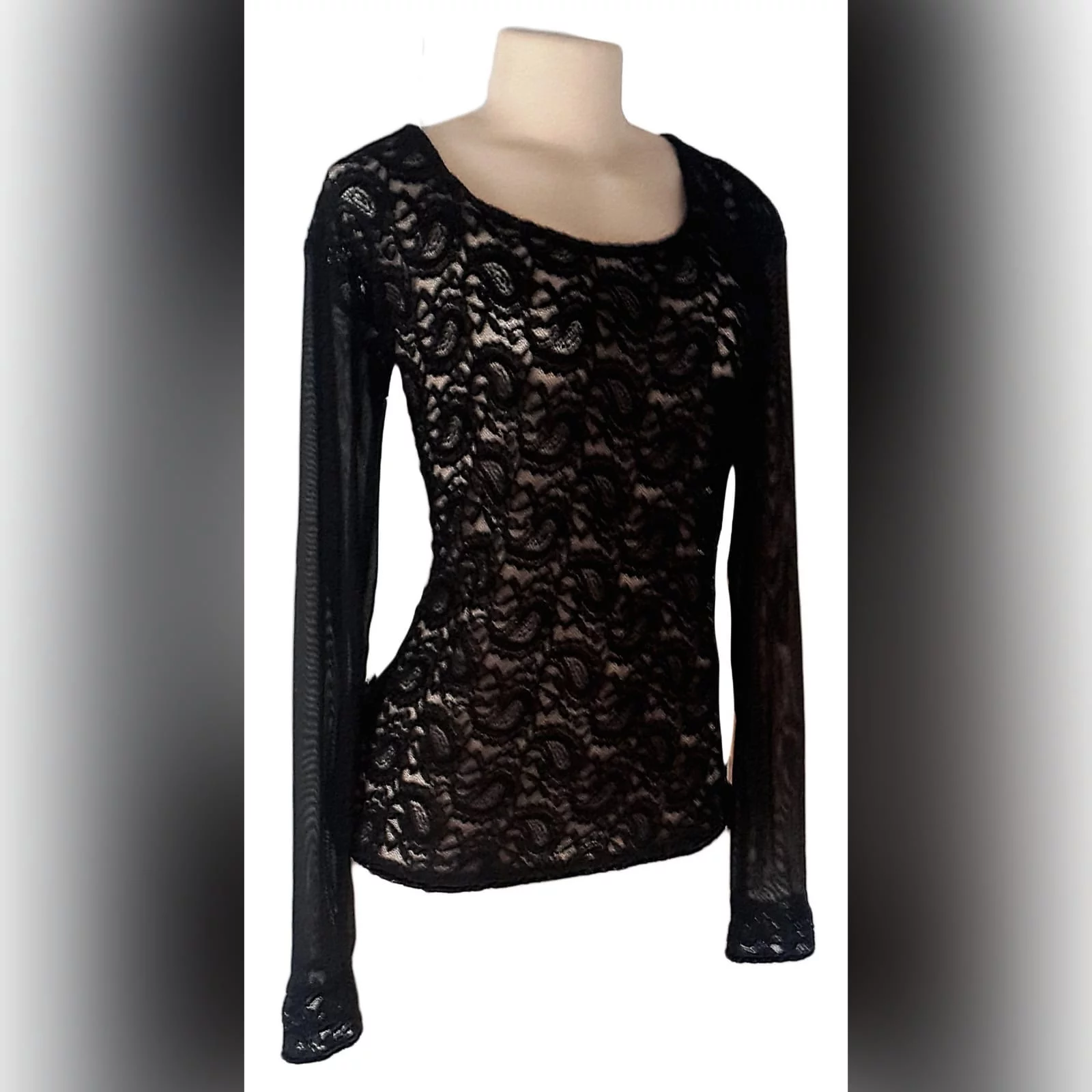 Black Sheer Lace Long Sleeve Top - Marisela Veludo - Fashion Designer