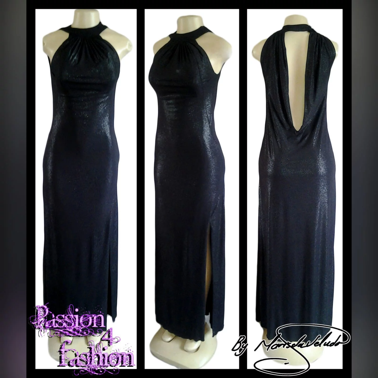 Black shimmer fitted long evening dress 3 black shimmer fitted long evening dress, with a gathered neckline and a low open cowl neck at the back, with a side slit.