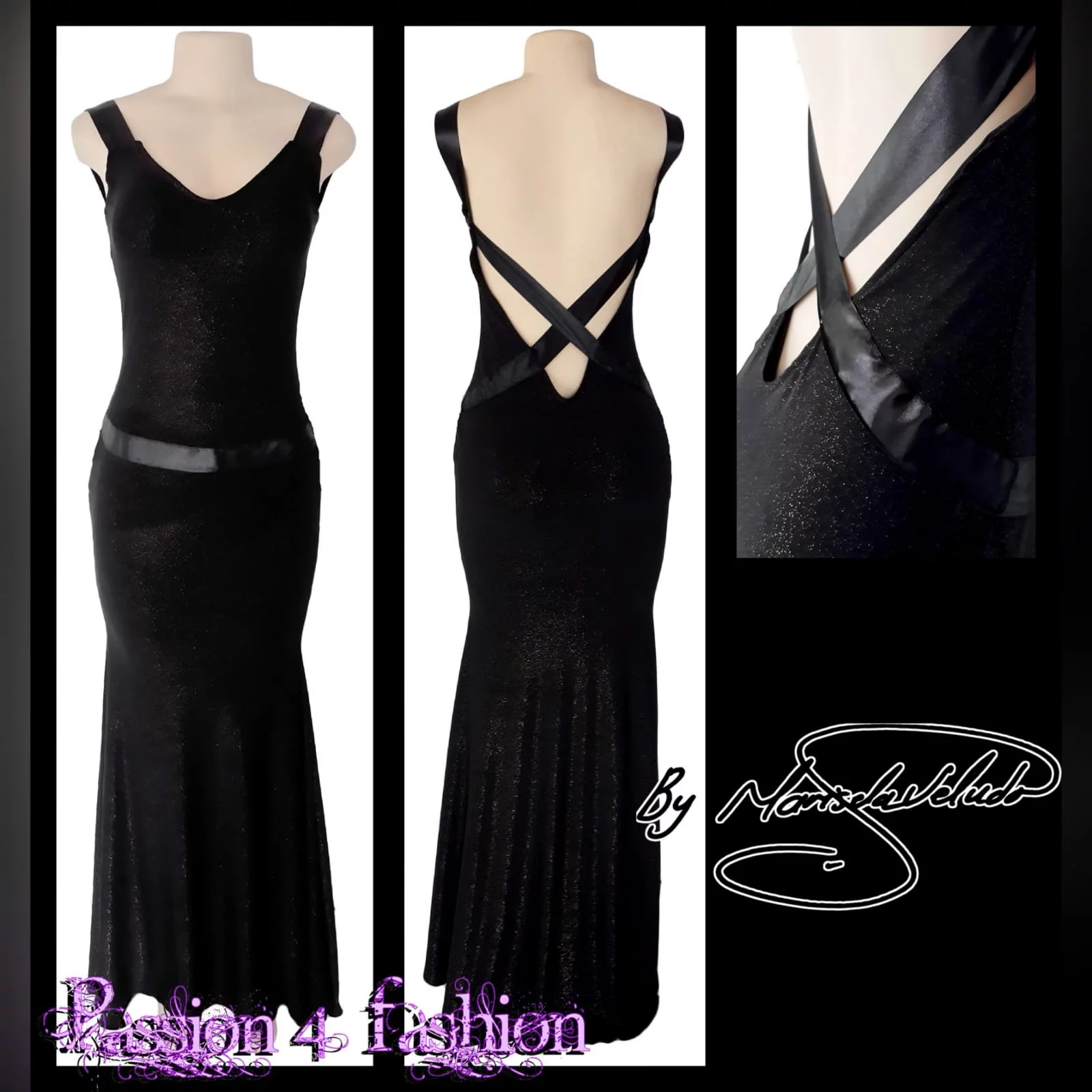 Black shimmer long gala evening dress 2 black shimmer long gala evening dress, with a low v open back. With ribbon creating a belt and a cross at the back