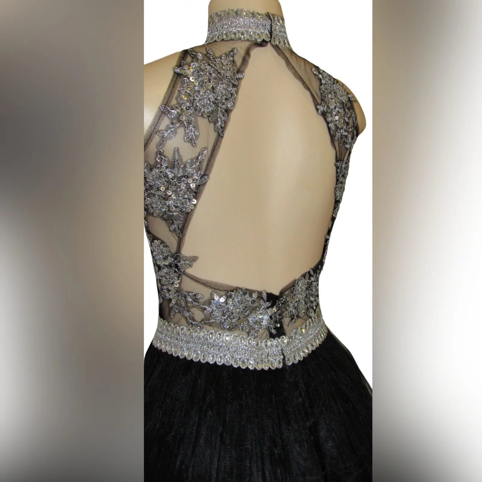 Black & silver long elegant prom dress 3 black & silver, long & elegant prom dance dress with a triangular open back. Choker neckline and an under bust bling belt with train.