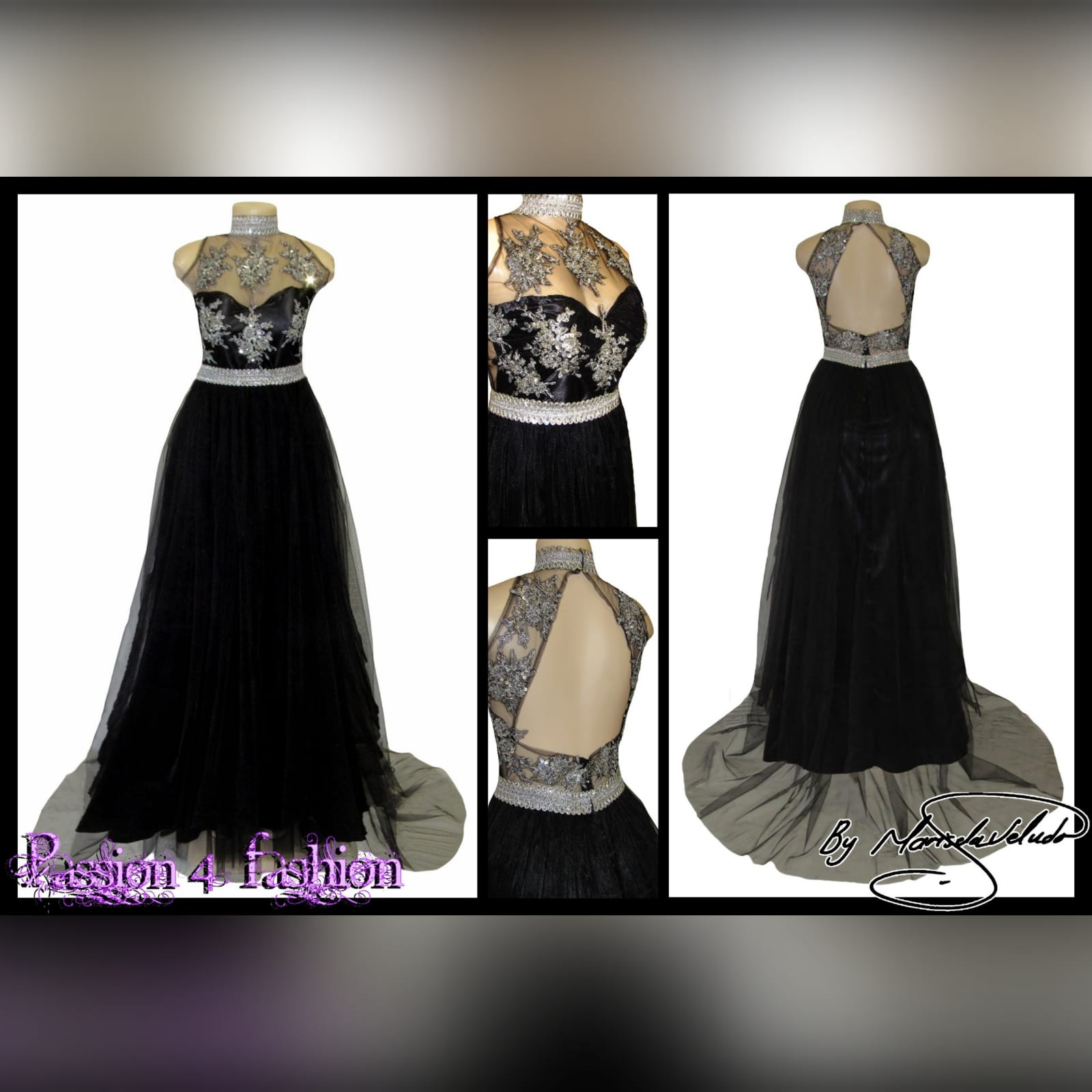 Black & silver long elegant prom dress 6 black & silver, long & elegant prom dance dress with a triangular open back. Choker neckline and an under bust bling belt with train.