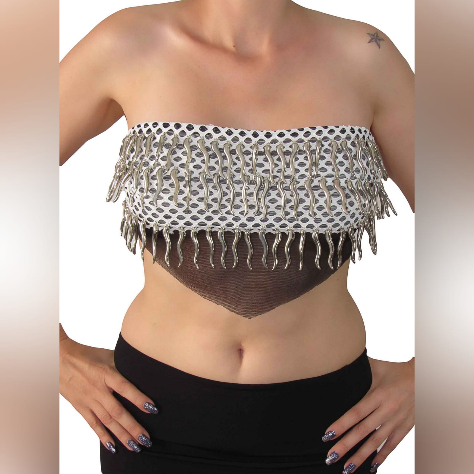 Black white silver boob tube crop top 3 black white and silver boobtube tie up strap crop top, with unique finishes. Handmade, one of a kind short top, great for the young woman that wants to look unique and feel sexy. This short sexy top fits a small, medium or large as you can just tie it tighter or looser. Its a great smart casual top, for a night out of dancing and fun.