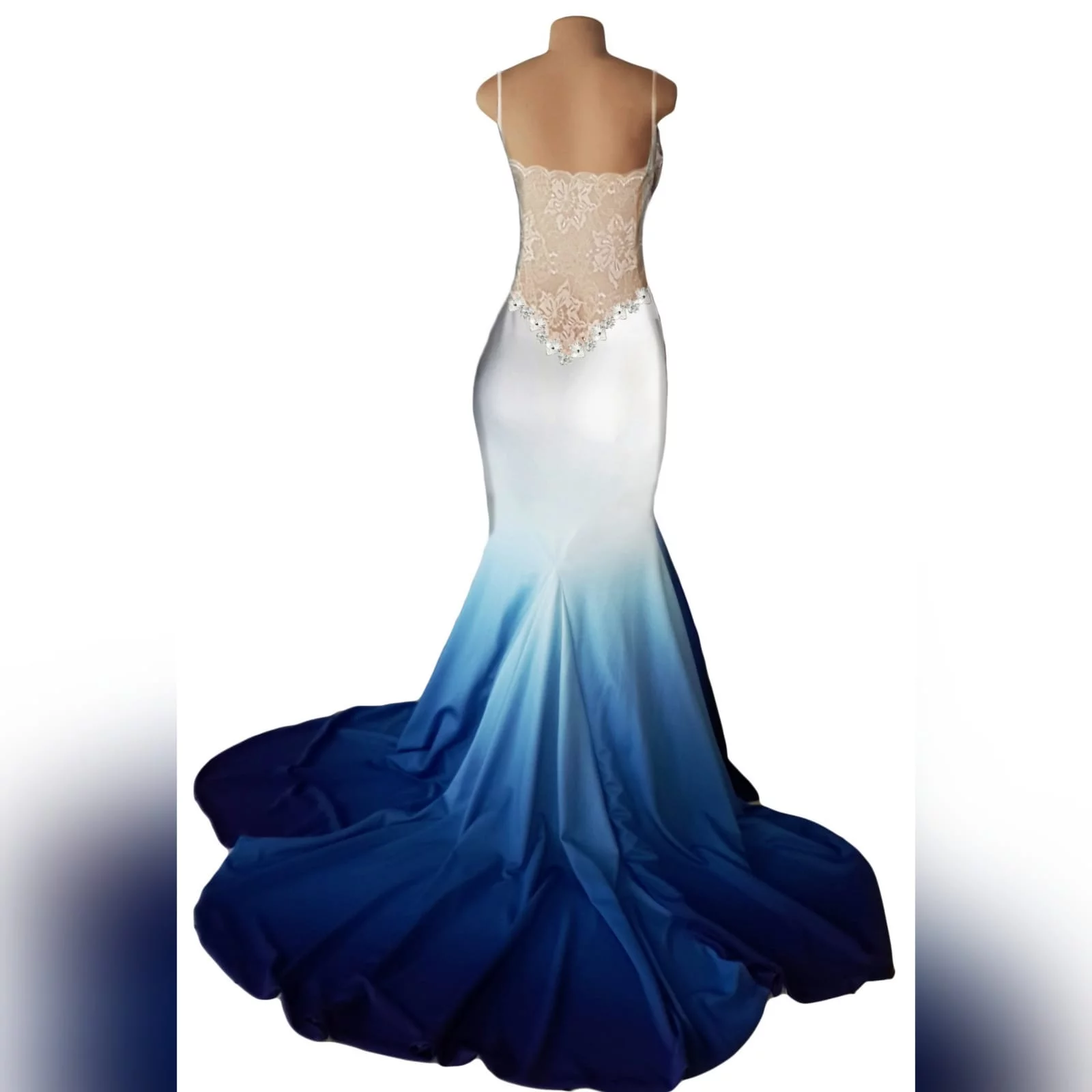 White & blue ombre soft mermaid matric farewell dress with a sheer lace back 5 white & blue ombre soft mermaid matric farewell dress with a sheer lace back. A sweetheart neckline. With a touch of silver beads and a train