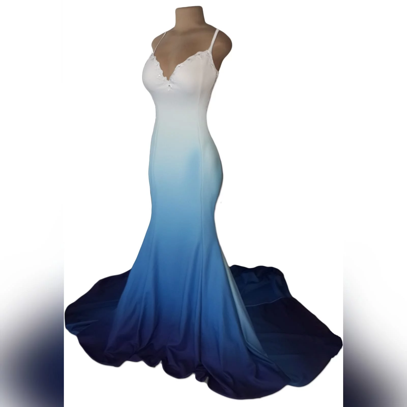 White & blue ombre soft mermaid matric farewell dress with a sheer lace back 6 white & blue ombre soft mermaid matric farewell dress with a sheer lace back. A sweetheart neckline. With a touch of silver beads and a train