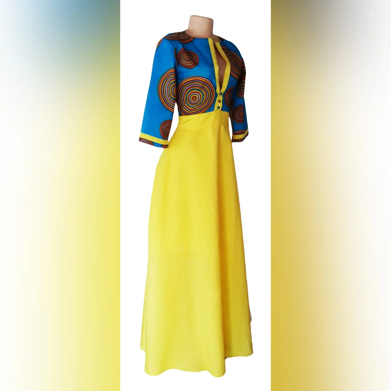 Blue & yellow modern traditional dress 9 modern traditional blue and yellow empire fit dress. Flowy bottom, neckline with a slit.