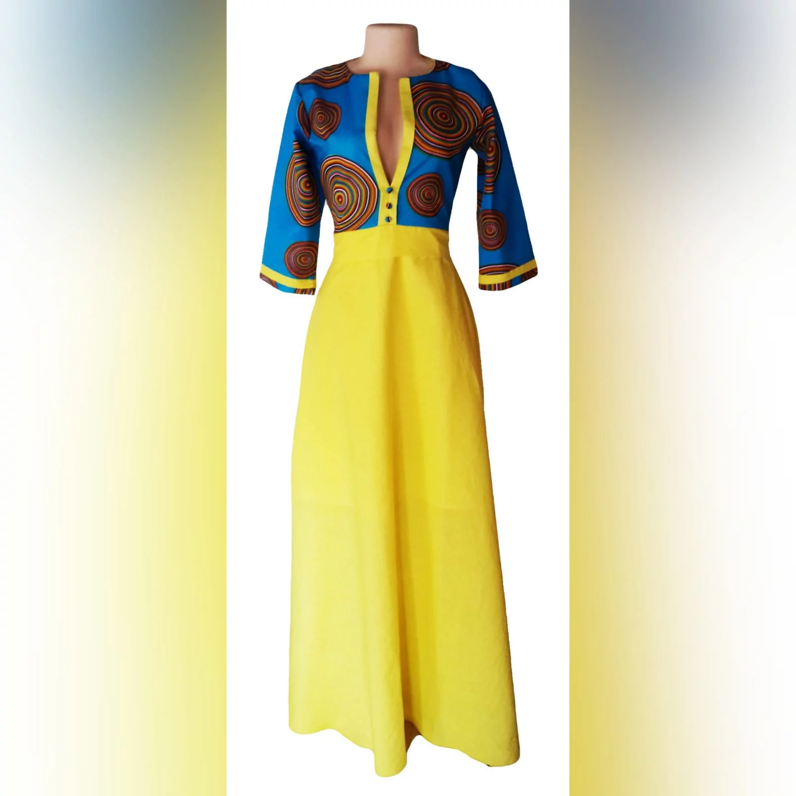 Blue & yellow modern traditional dress 8 modern traditional blue and yellow empire fit dress. Flowy bottom, neckline with a slit.
