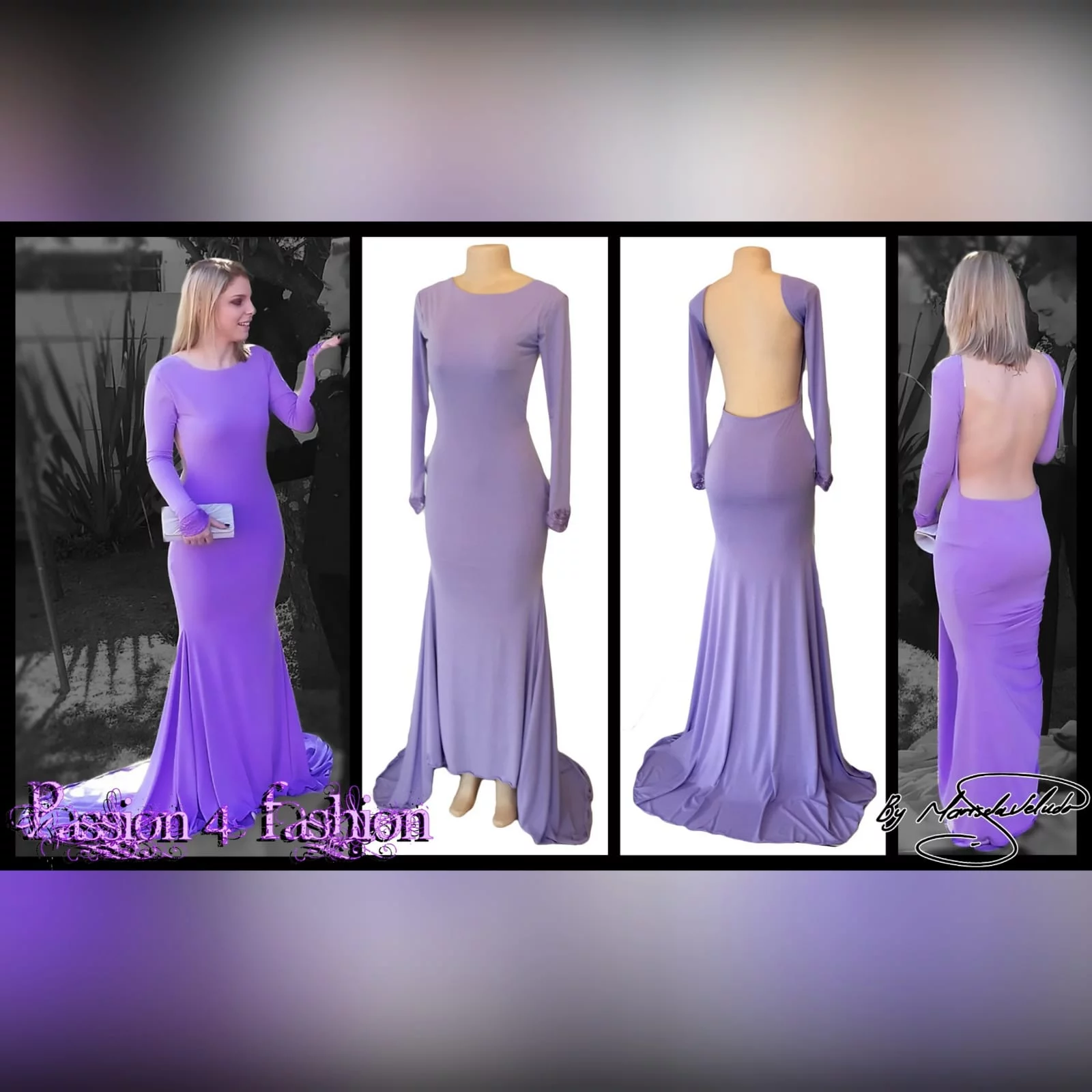 Body fitting lilac soft mermaid matric farewell dress and a jewel neckline 5 body fitting lilac soft memaid matric farewell dress and a jewel neckline. Low open square back. With a train and long sleeves. Sleeves finished with lace.