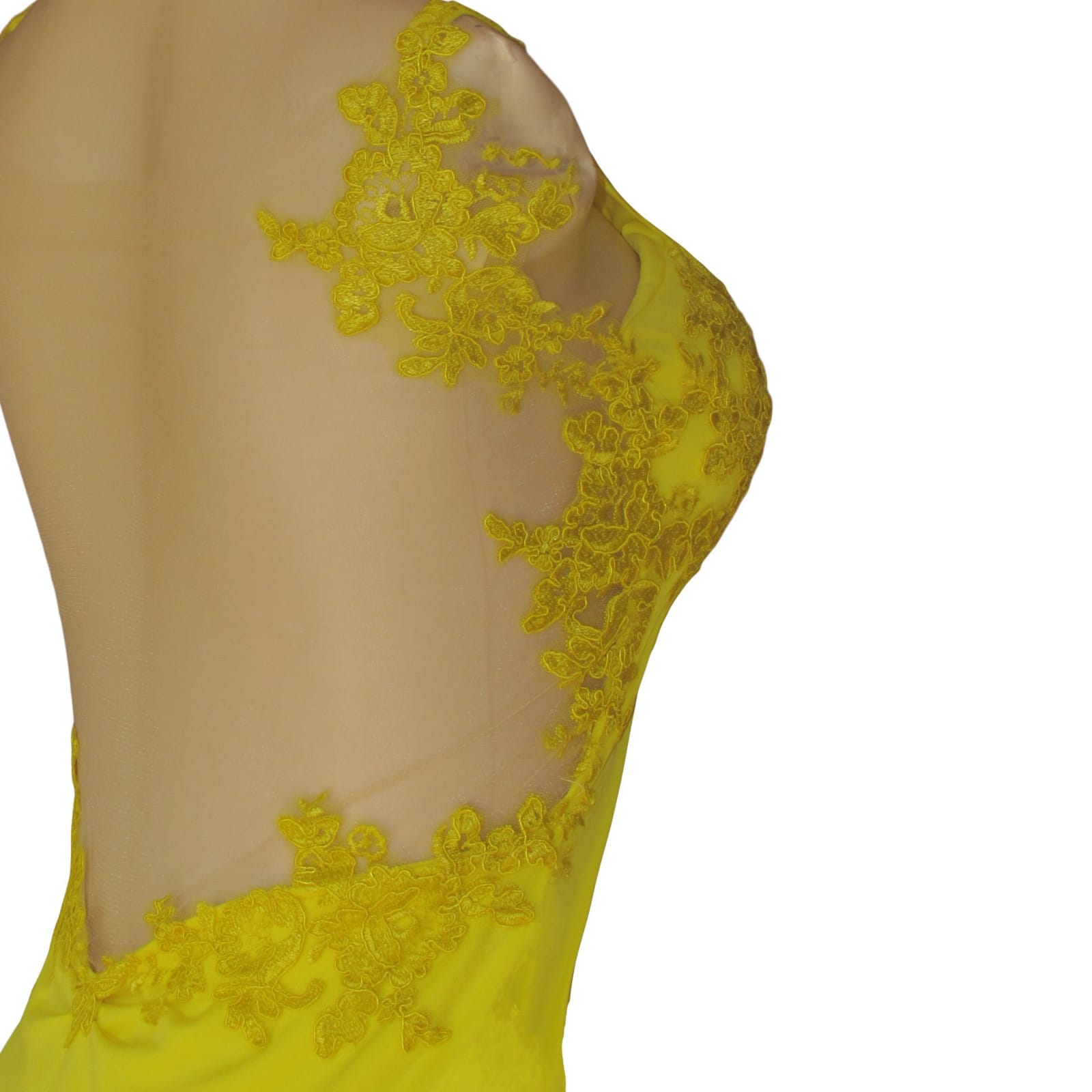 Canary yellow lace soft mermaid prom dress 2 canary yellow, lace, soft mermaid prom dance dress with sheer legs, detailed with lace. With an illusion open back.