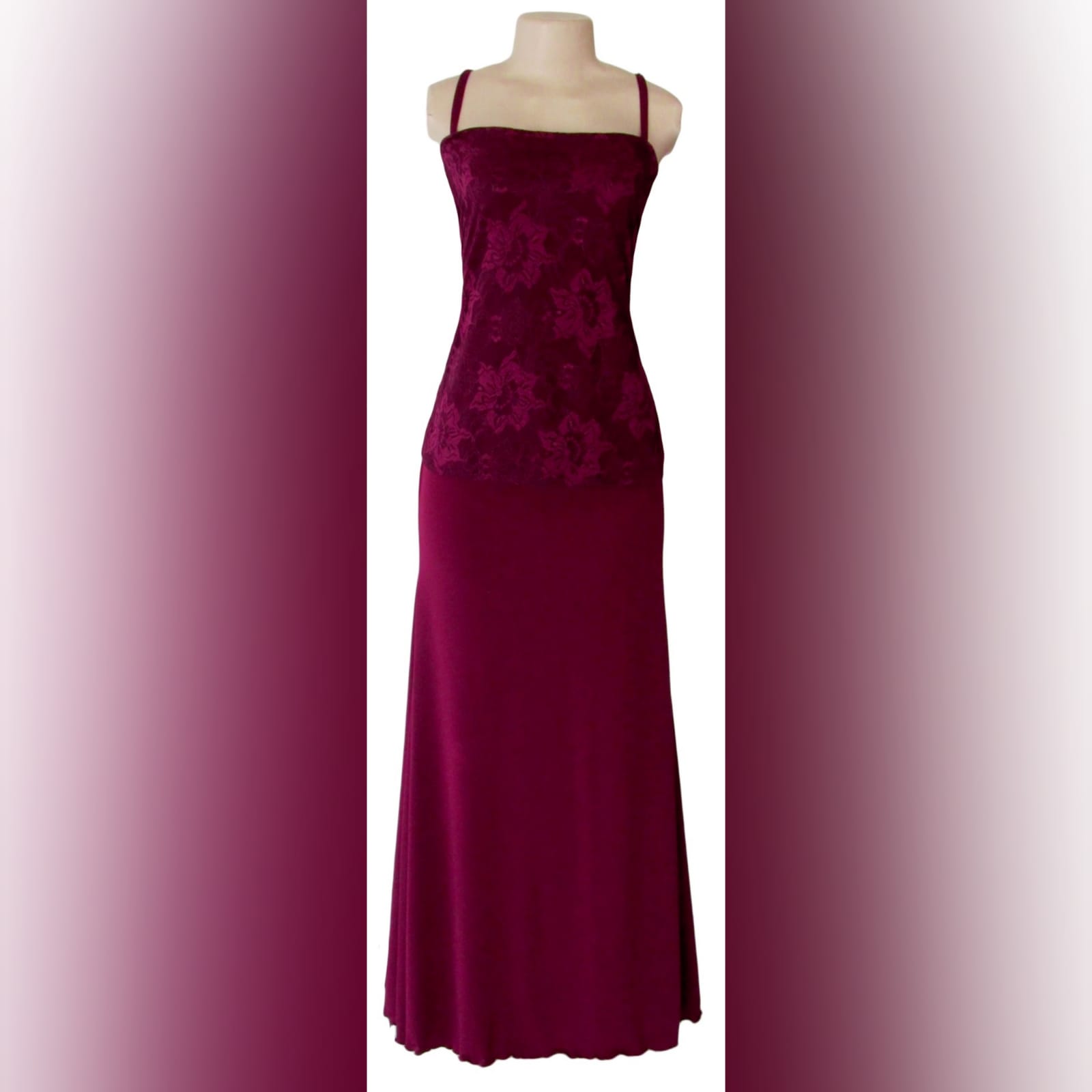 Burgundy 3 piece mother of the bride outfit 2 burgundy 3 piece mother of the bride outfit. With a lace top and a removable lace jacket with collar, ruched belt and sheer 3/4 sleeves with a cuff.