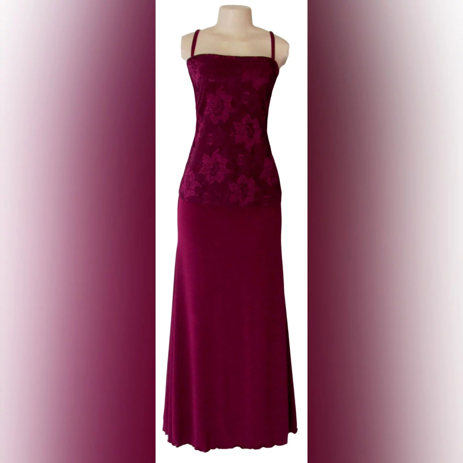Burgundy 3 piece mother of the bride outfit 2 burgundy 3 piece mother of the bride outfit. With a lace top and a removable lace jacket with collar, ruched belt and sheer 3/4 sleeves with a cuff.